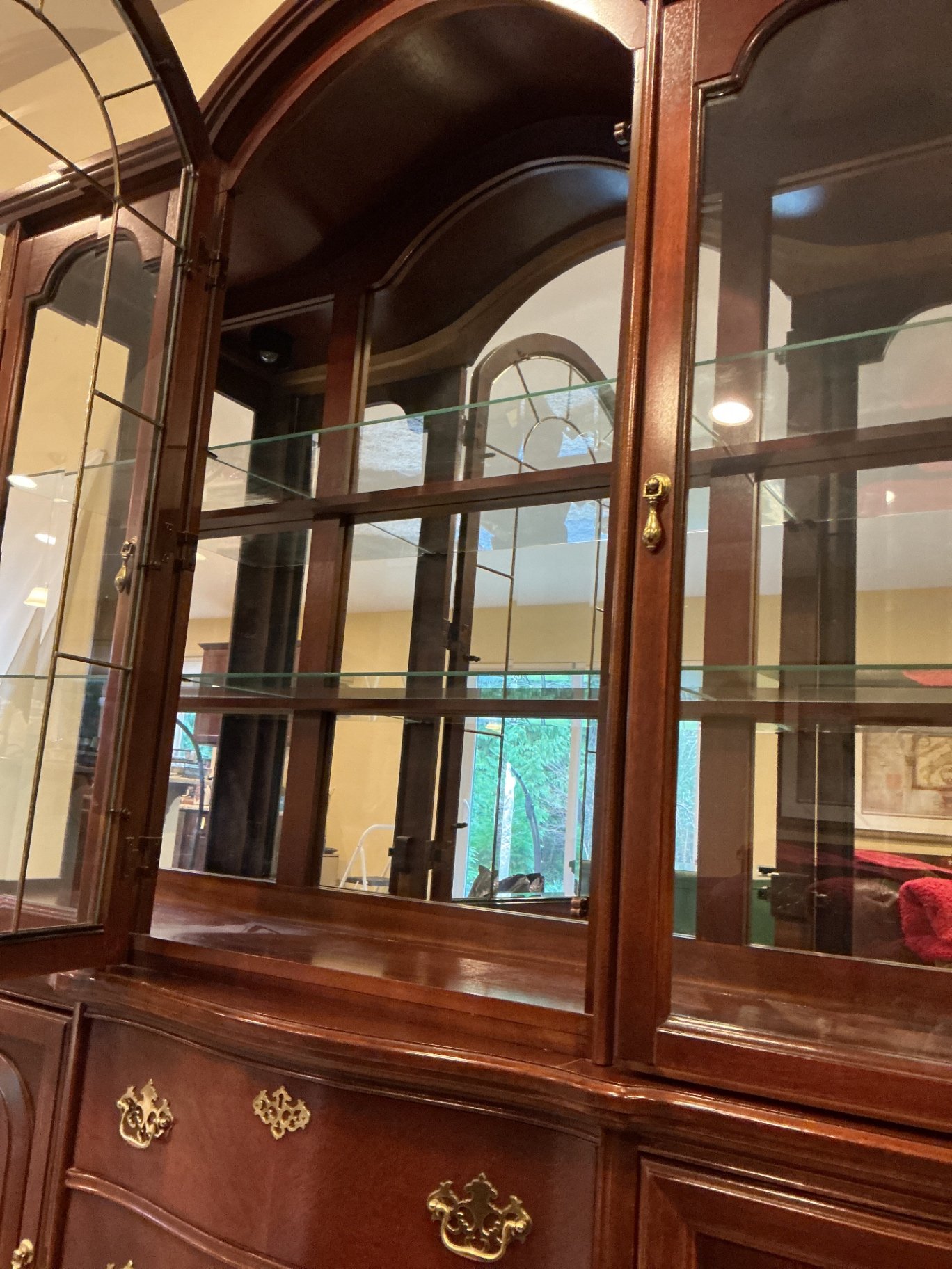 Dark wood china cabinet hutch with glass display and drawers - image 3 of 6