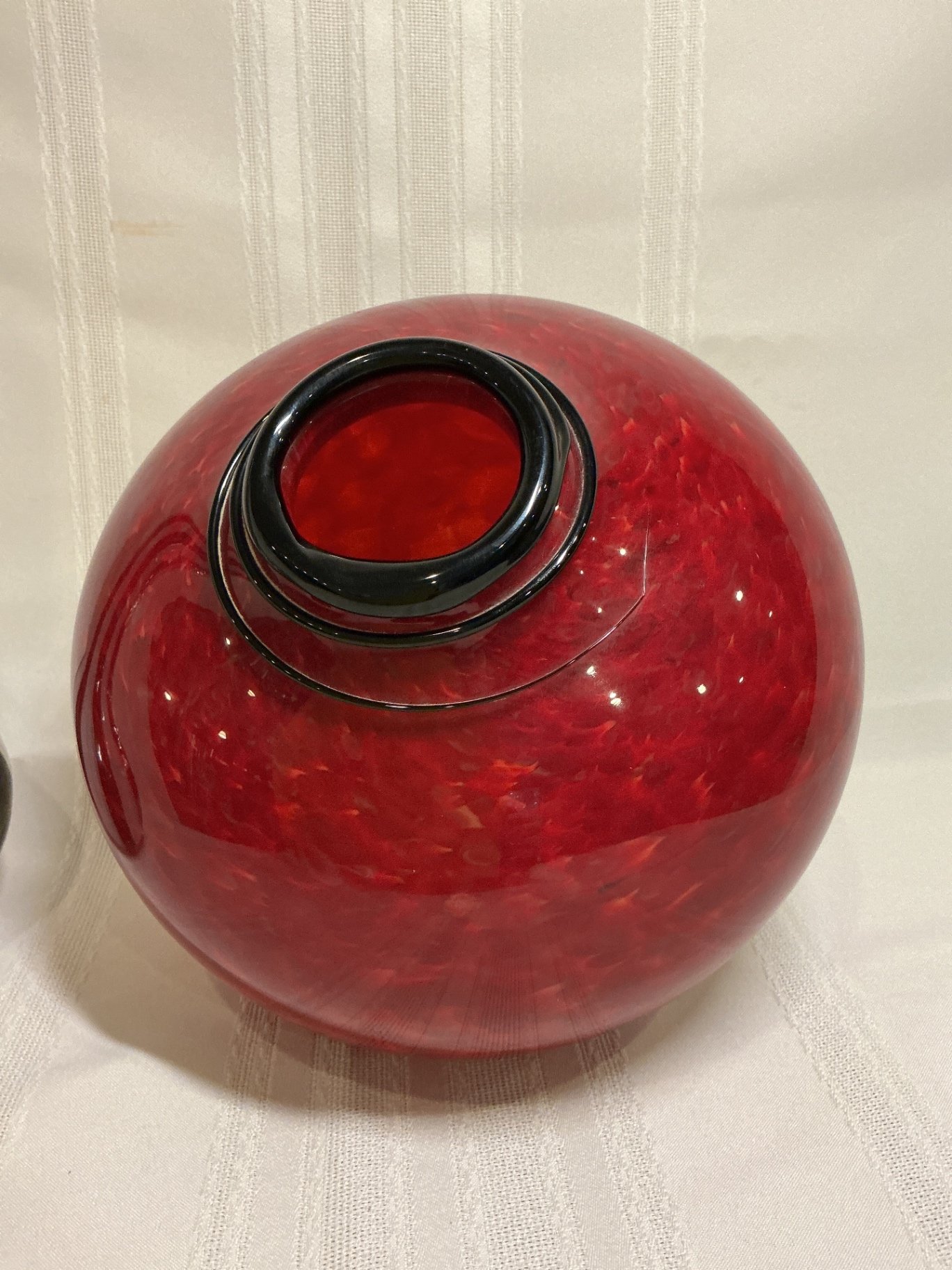 Hand blown red glass vase and tall striped vase. - image 3 of 5