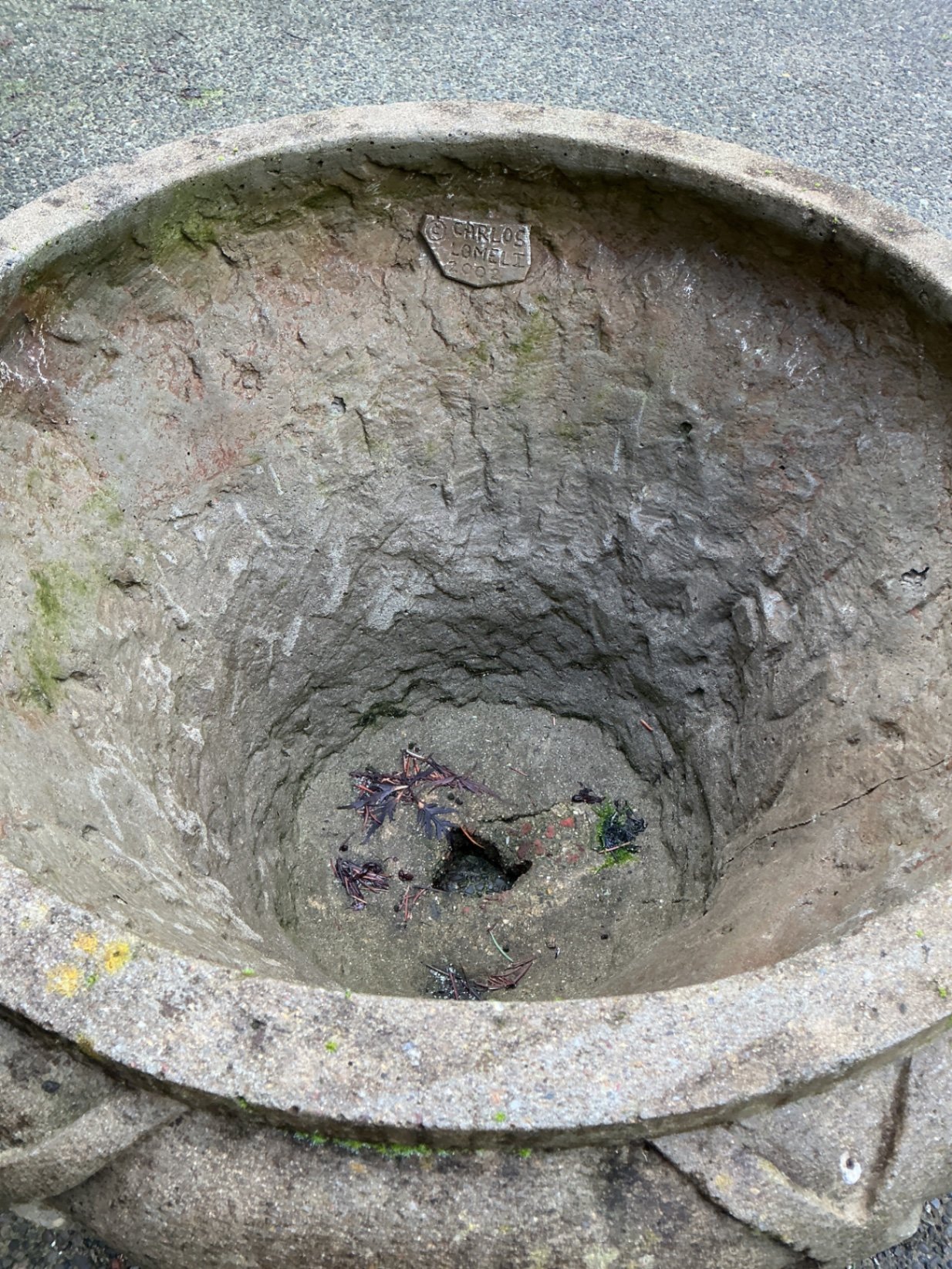 Green metal garden bench with leaf motif and large stone planter - image 6 of 6