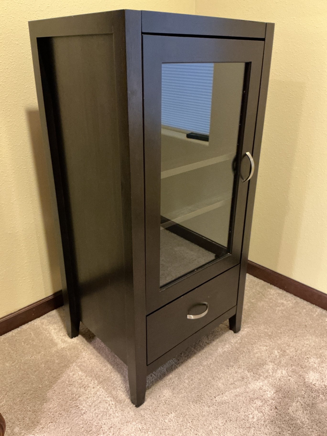 Dark wood display cabinet with glass door and drawer - image 2 of 5