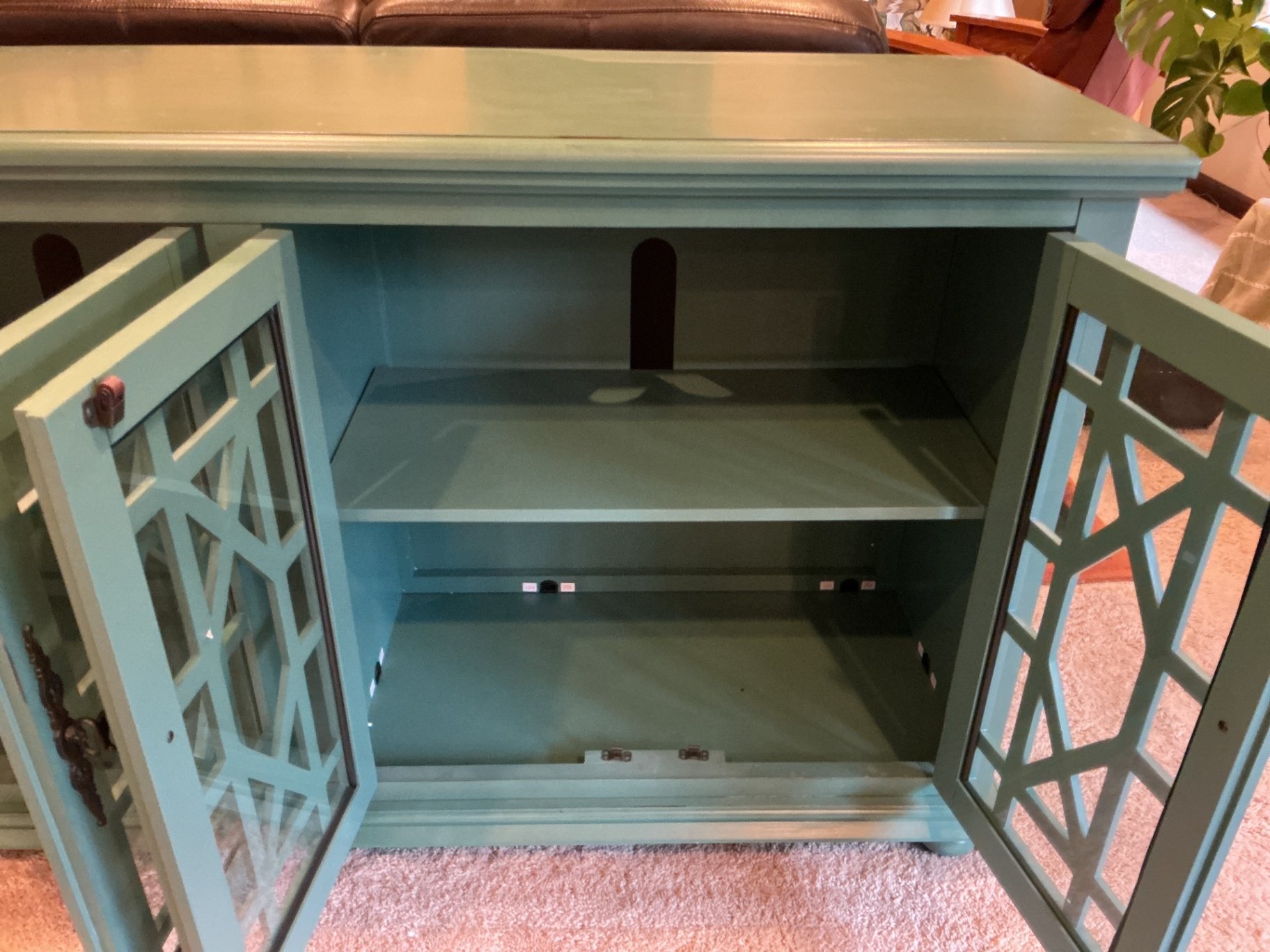 Teal-green lattice-door cabinet - image 3 of 6