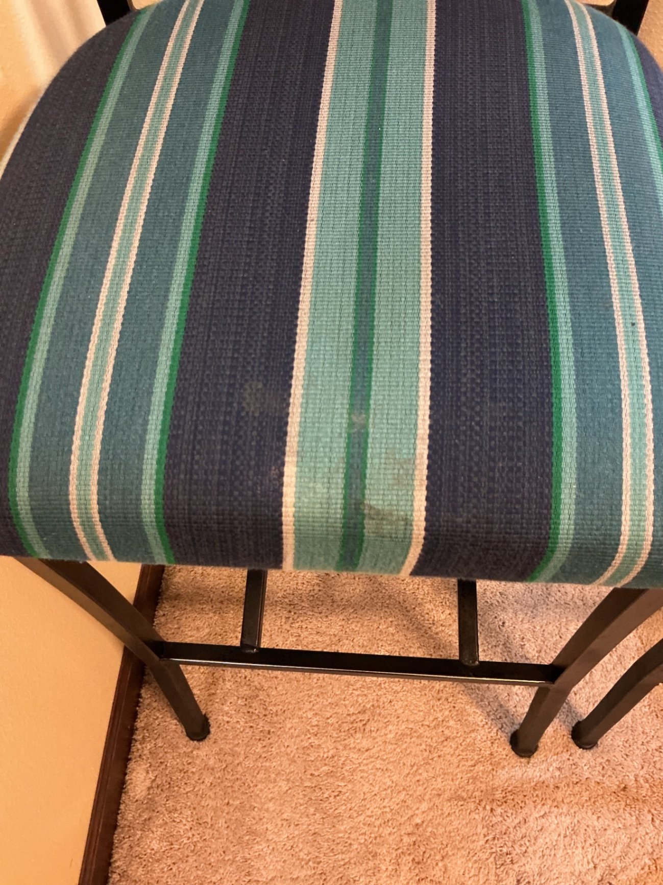 Pair of black metal bar stools with striped upholstery - image 2 of 5