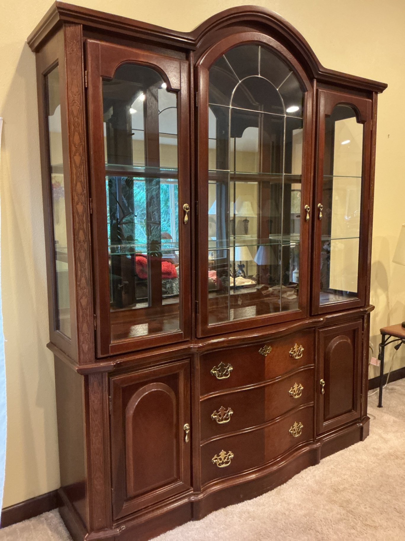 Dark wood china cabinet hutch with glass display and drawers - image 1 of 6