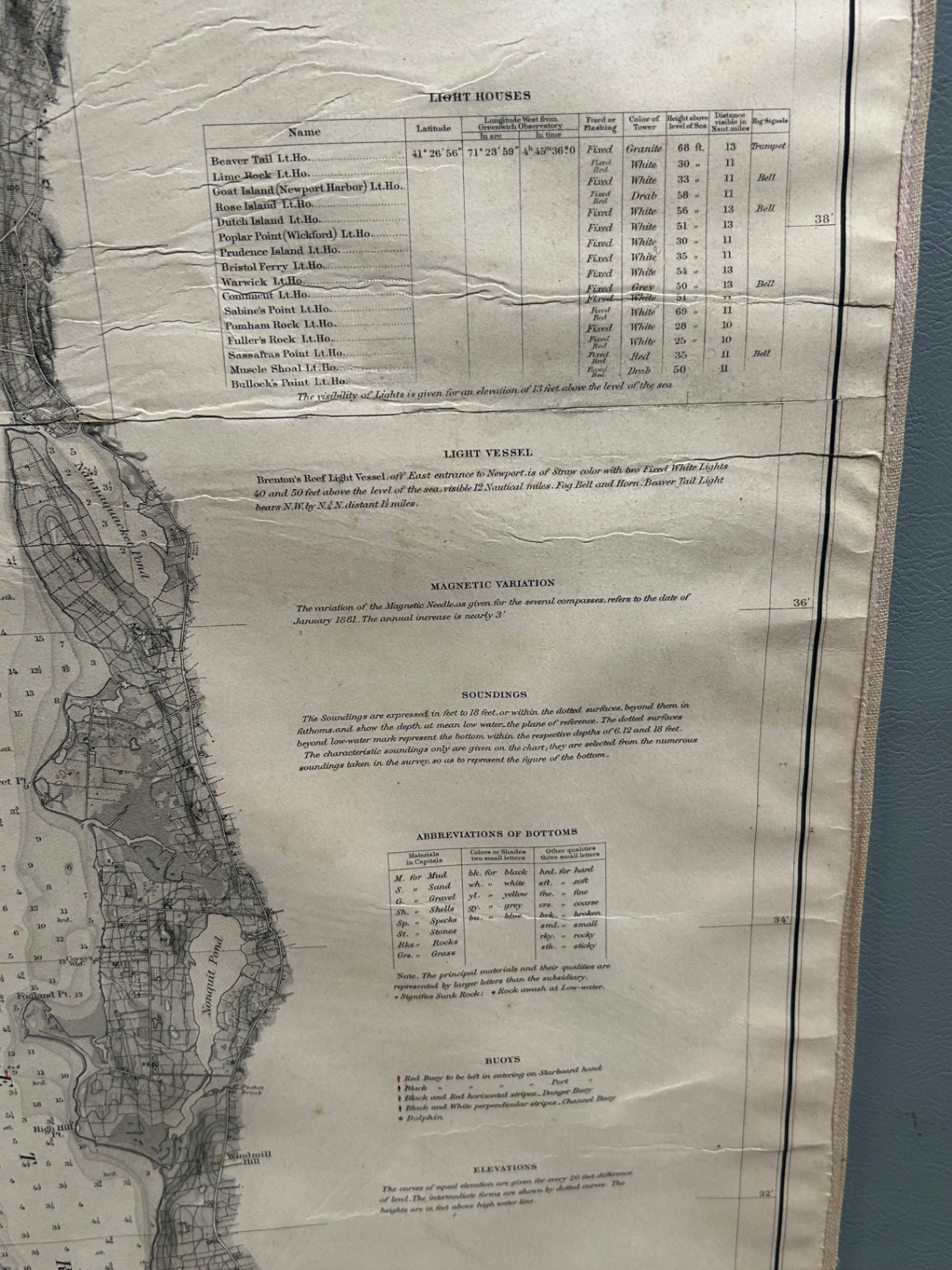 Historic Nautical Chart Mounted on Linen of Narragansett Bay Rhode Island  - image 5 of 6