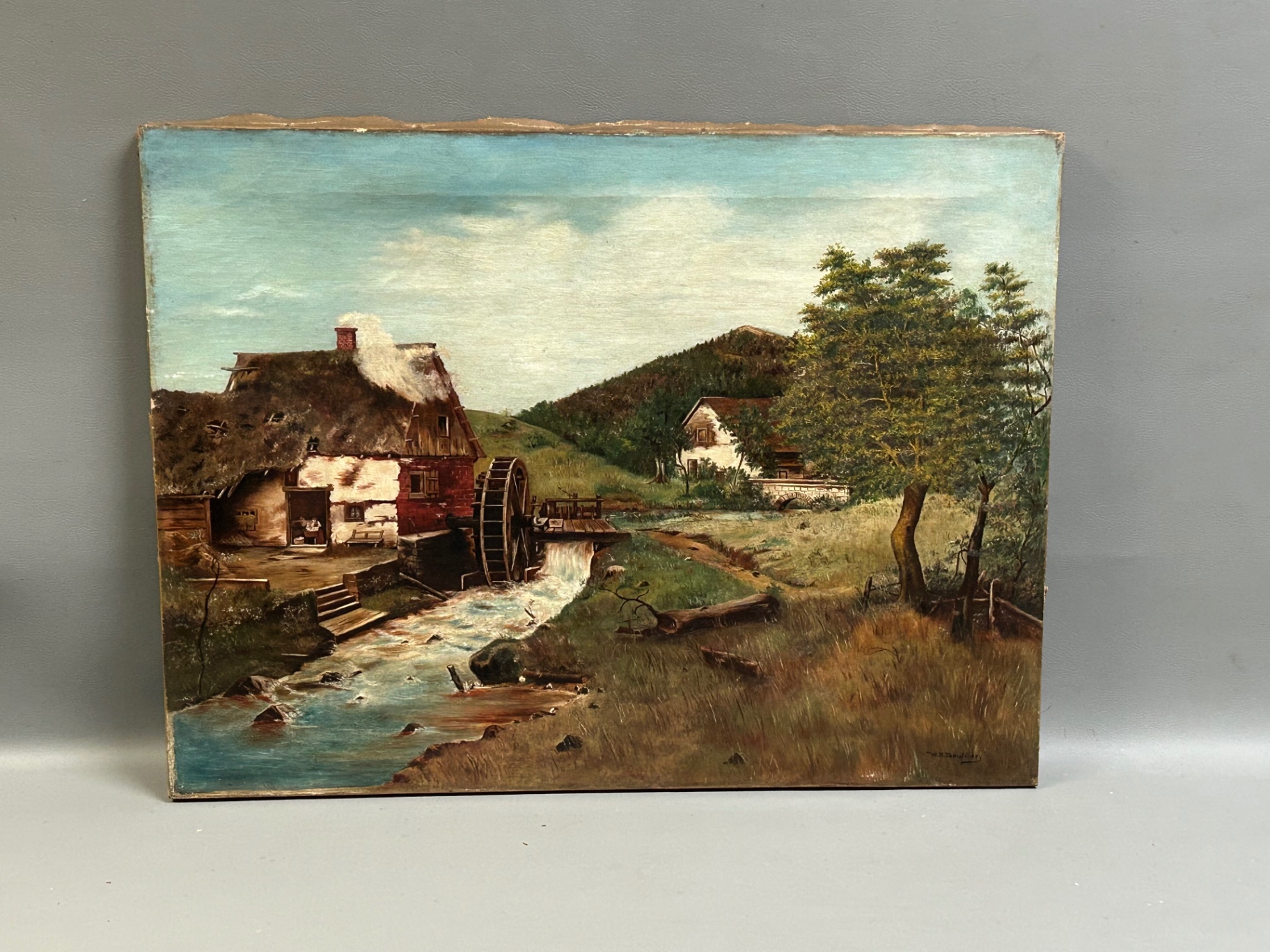 Antique Landscape Waterwheel Oil on Canvas Signed  - image 1 of 4