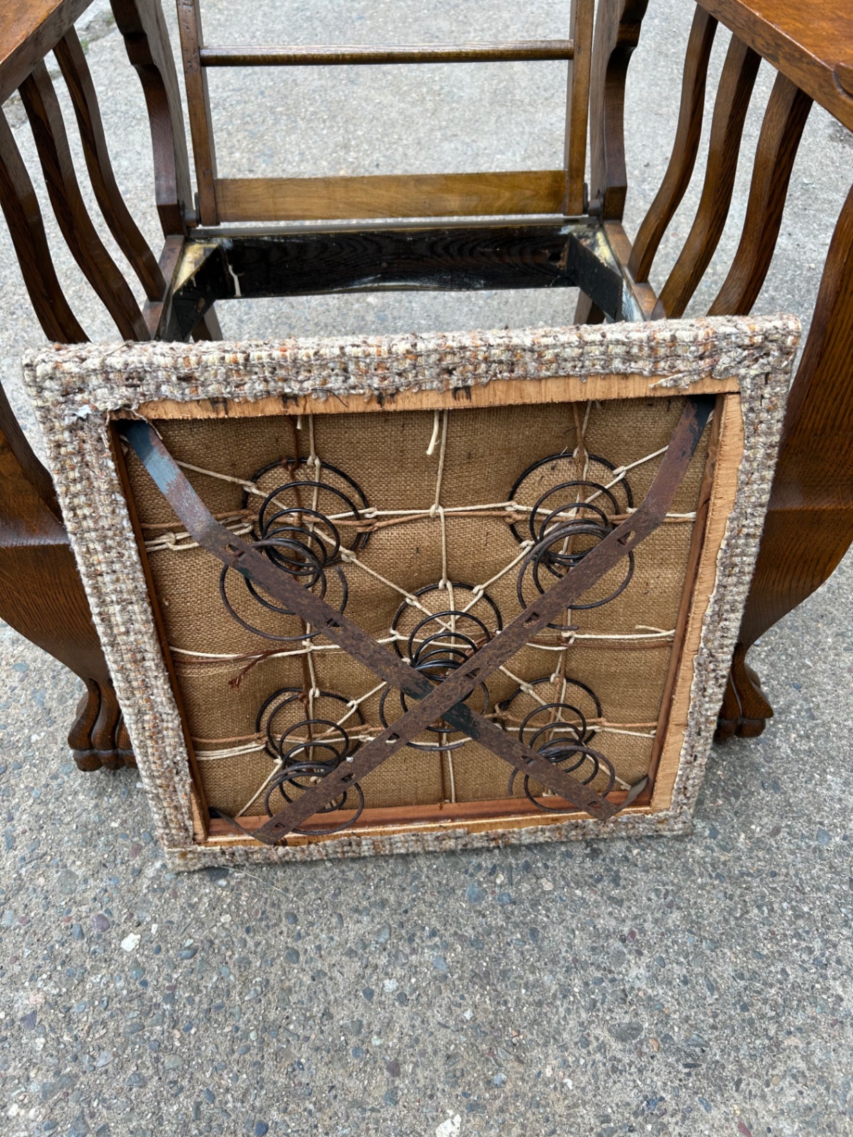 Antique Oak Recliner Morris Chair Tweed Upholstery - image 4 of 7
