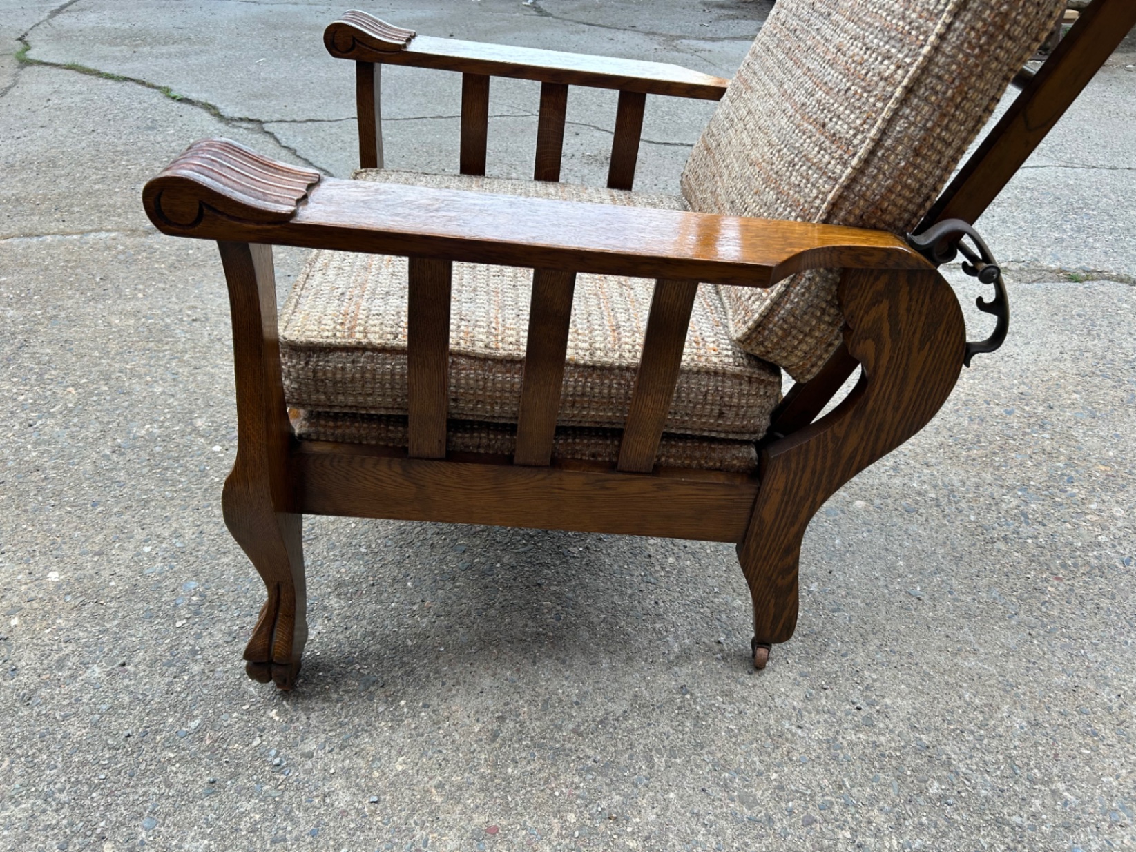 Antique Oak Recliner Morris Chair Tweed Upholstery - image 7 of 7