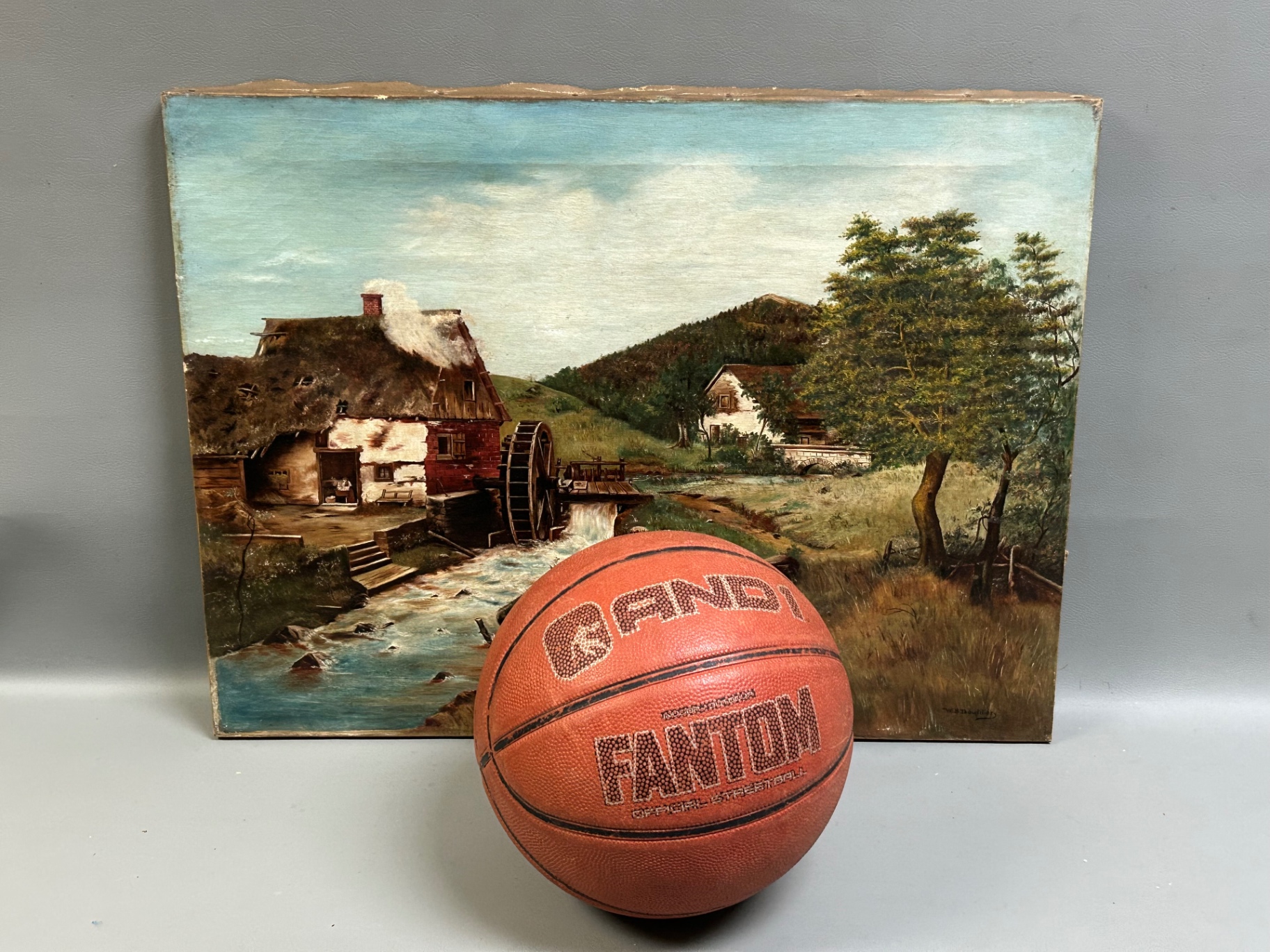 Antique Landscape Waterwheel Oil on Canvas Signed  - image 2 of 4