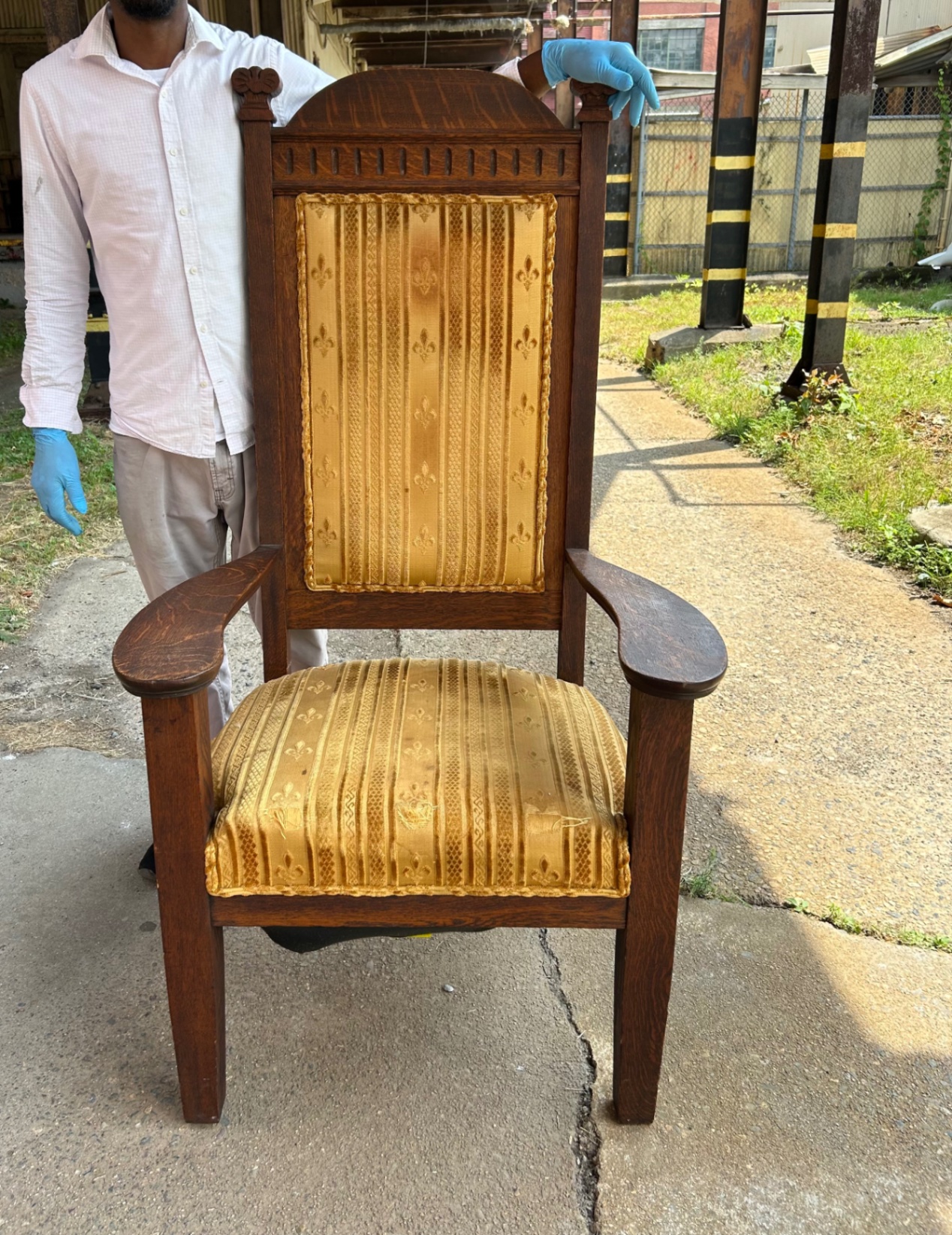 Antique Upholstered Victorian Tiger Oak Gothic Throne Chair  - image 2 of 5