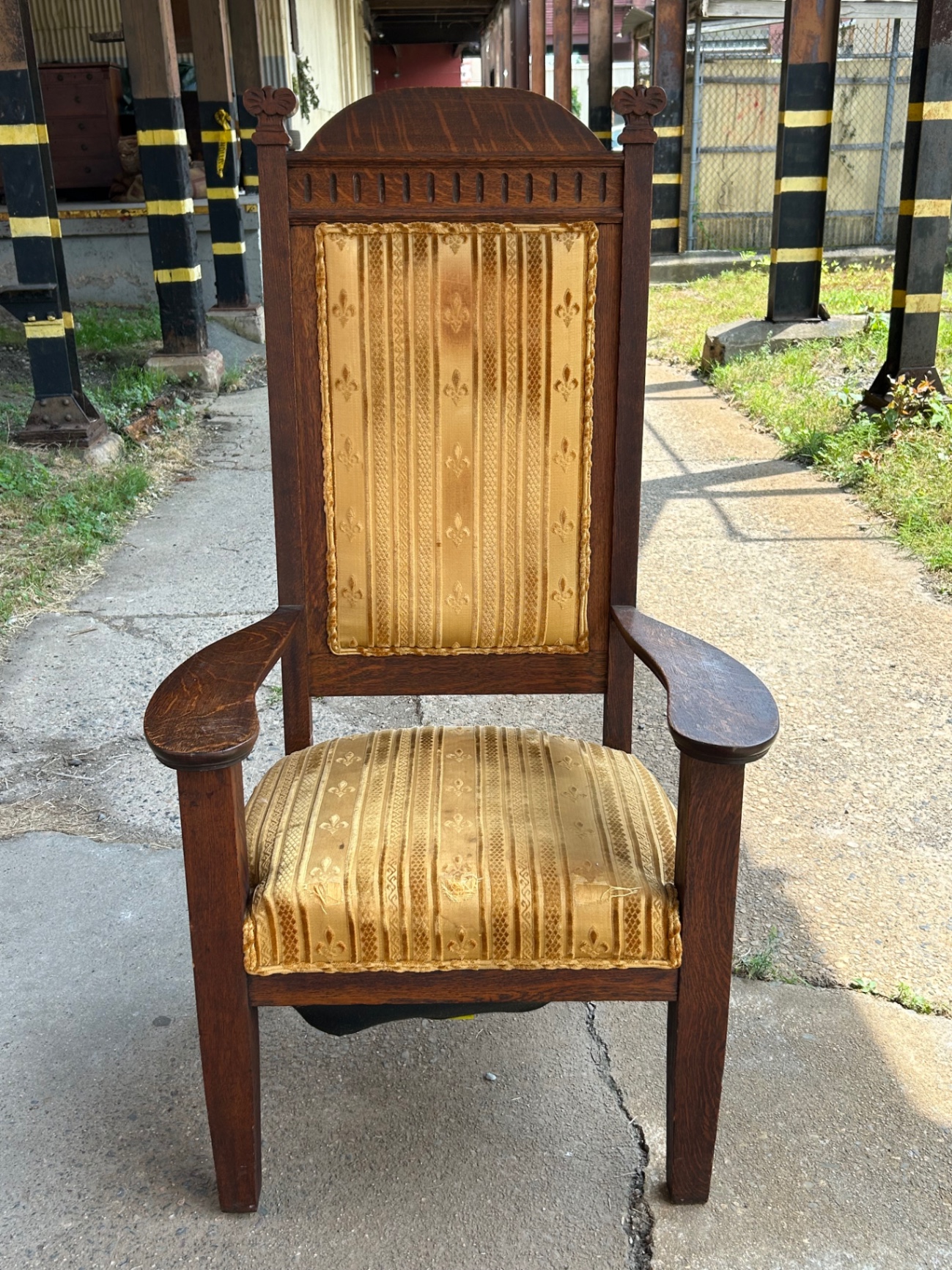 Antique Upholstered Victorian Tiger Oak Gothic Throne Chair  - image 1 of 5