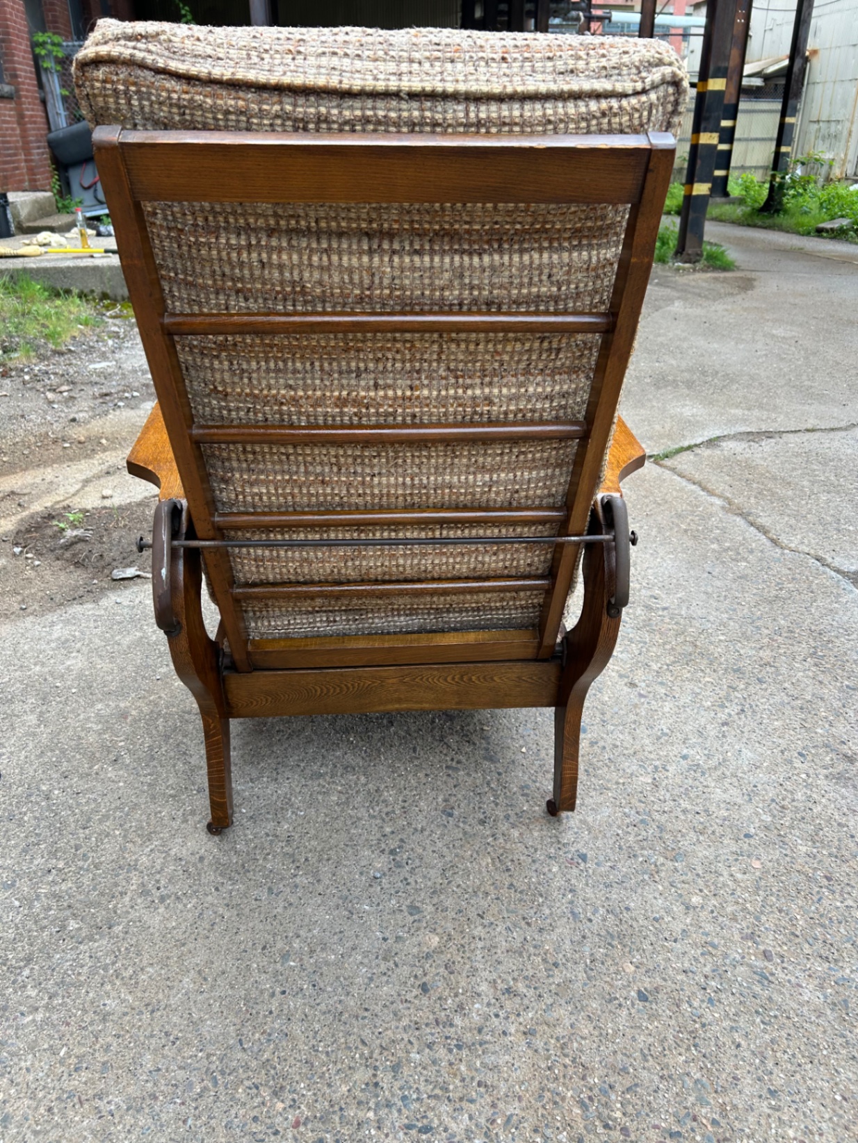 Antique Oak Recliner Morris Chair Tweed Upholstery - image 2 of 7