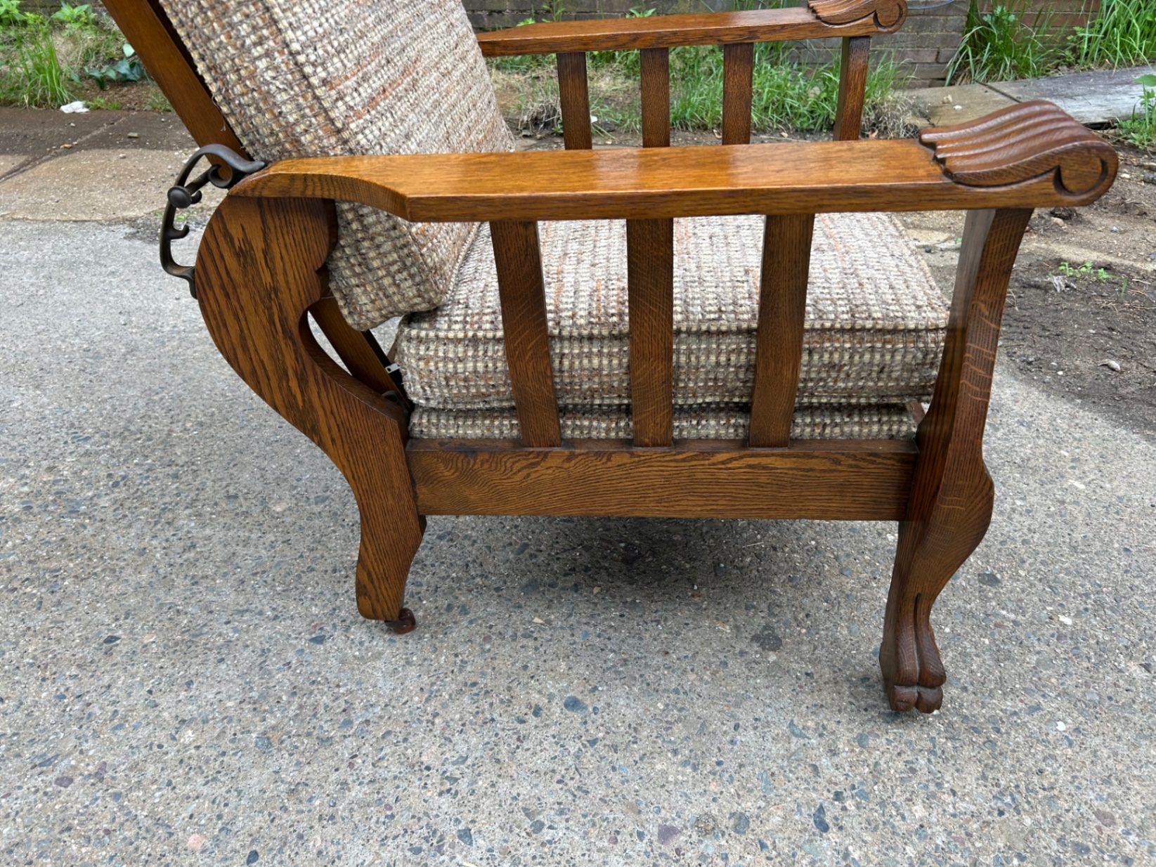 Antique Oak Recliner Morris Chair Tweed Upholstery - image 5 of 7