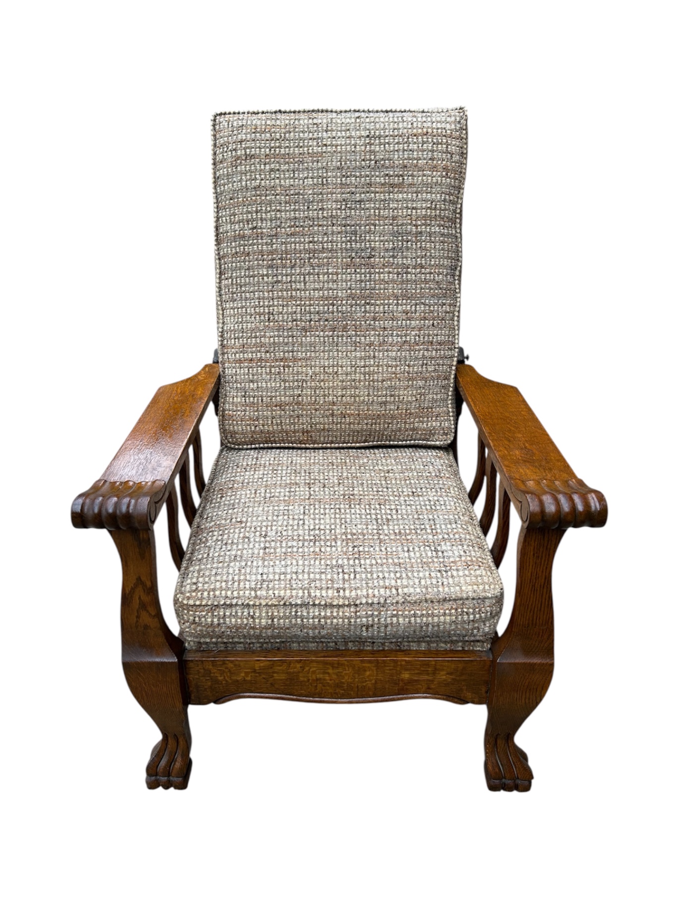 Antique Oak Recliner Morris Chair Tweed Upholstery - image 1 of 7