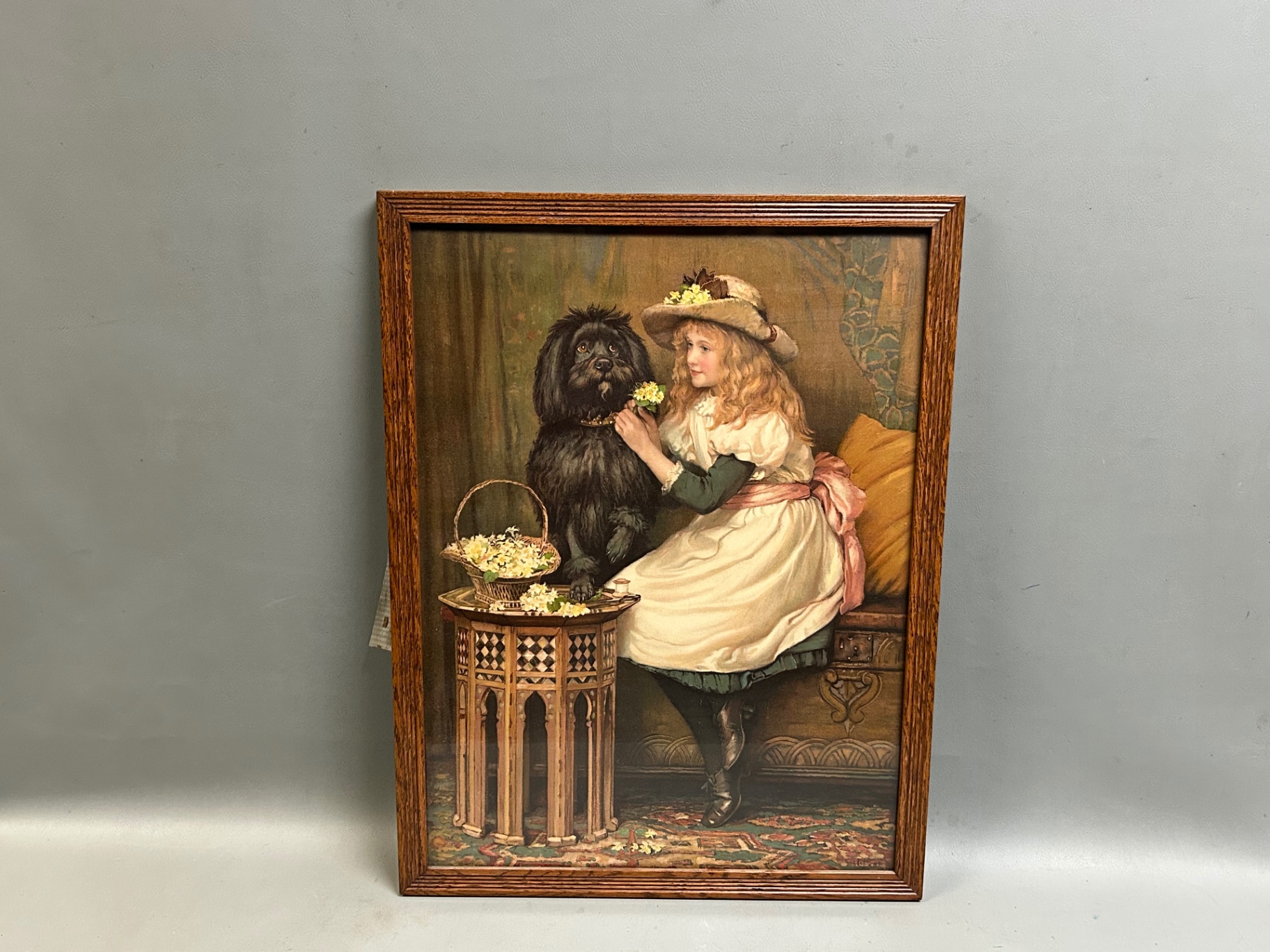 Victorian Lithograph Girl with Dog  - image 1 of 5