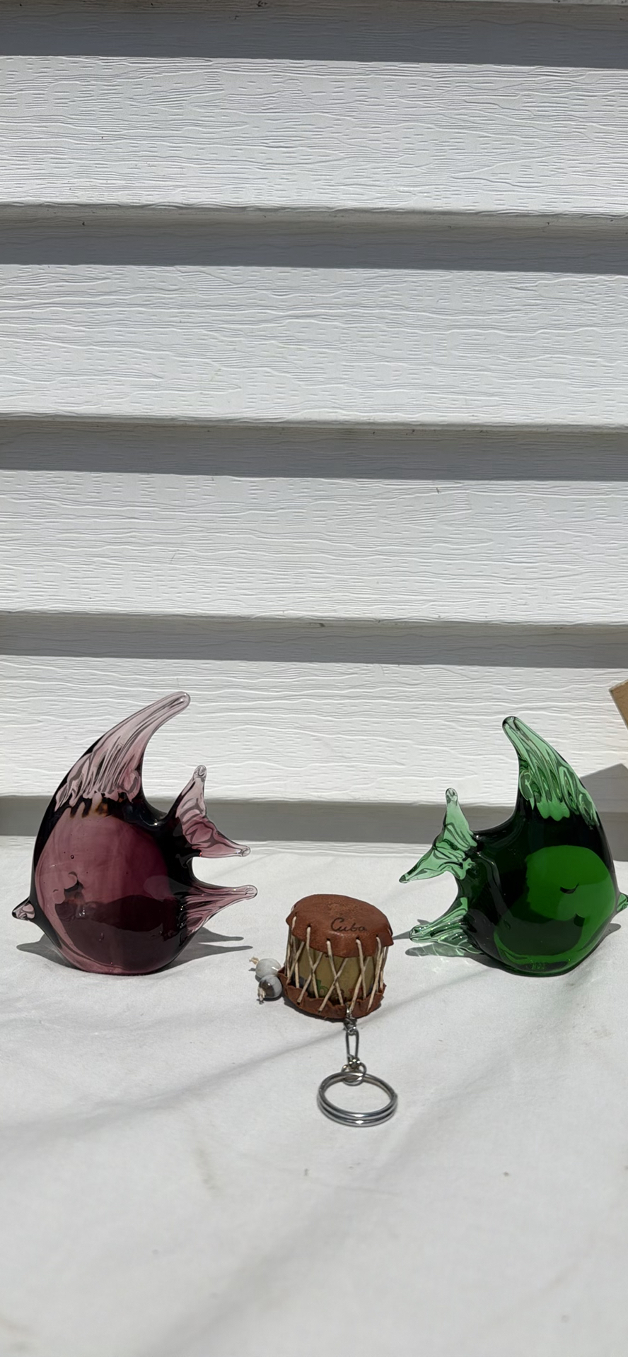 Two Glass Fish Figurines and Small Drum Keychain - image 1 of 7