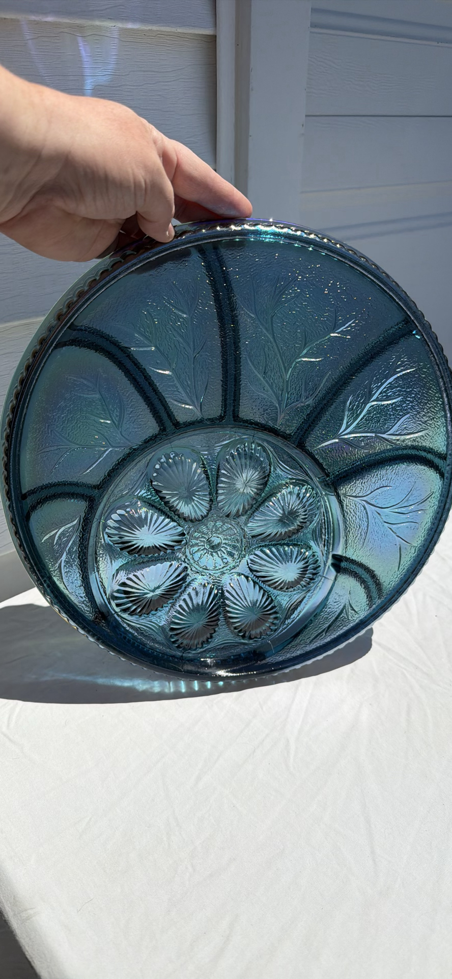 Vintage Iridescent Carnival Glass Deviled Egg Relish Plate and Pedestal Bowl Set - image 6 of 12
