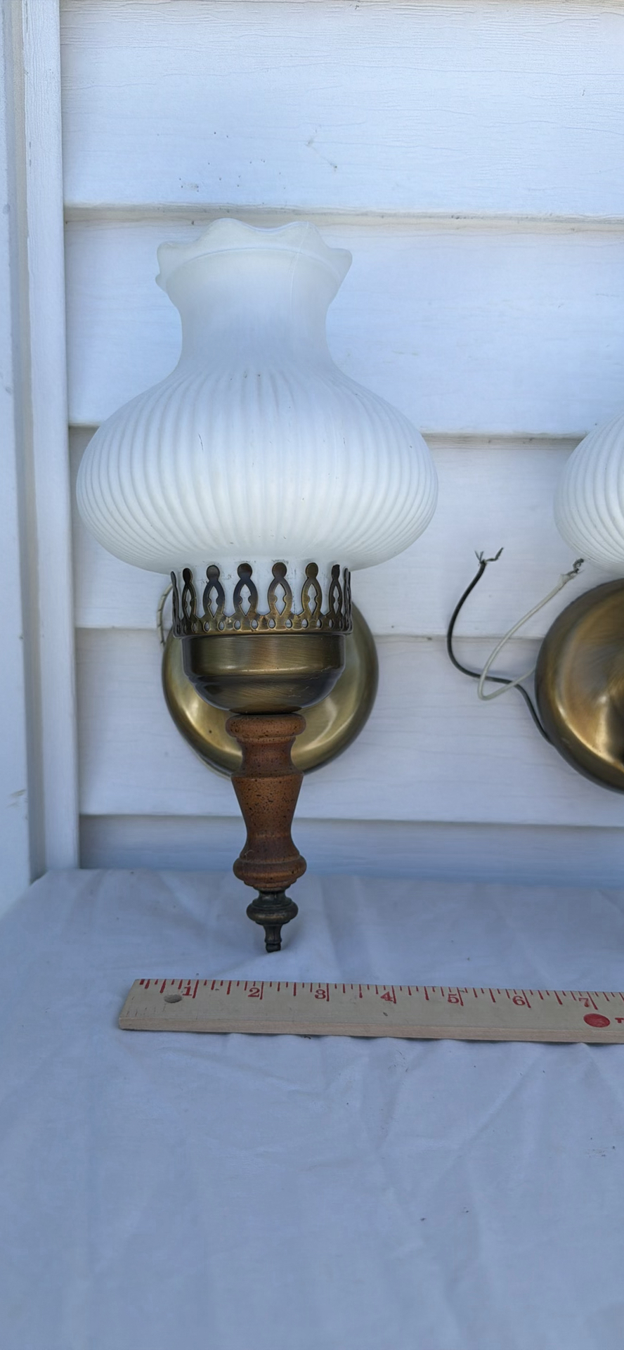 Two Vintage Frosted Glass Lamp Shades and Two Brass Wall Sconce Fixtures - image 11 of 12