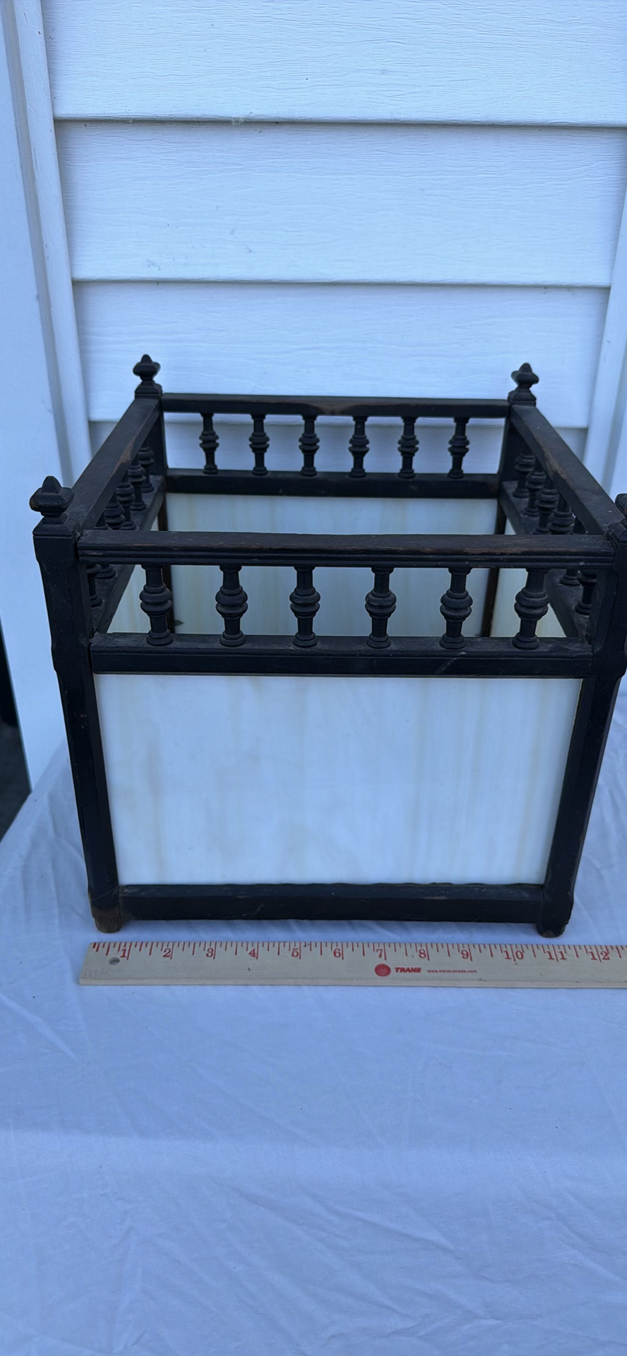 Vintage Wooden Square Stand with Opaque (Slag?) Glass Panels - image 6 of 7