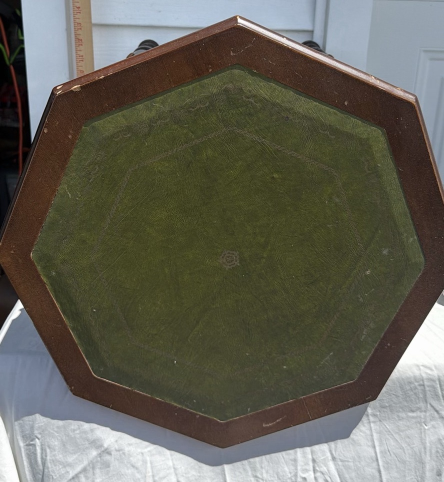 Vintage Octagonal Wooden Side Table with Green Leather Top - image 4 of 10