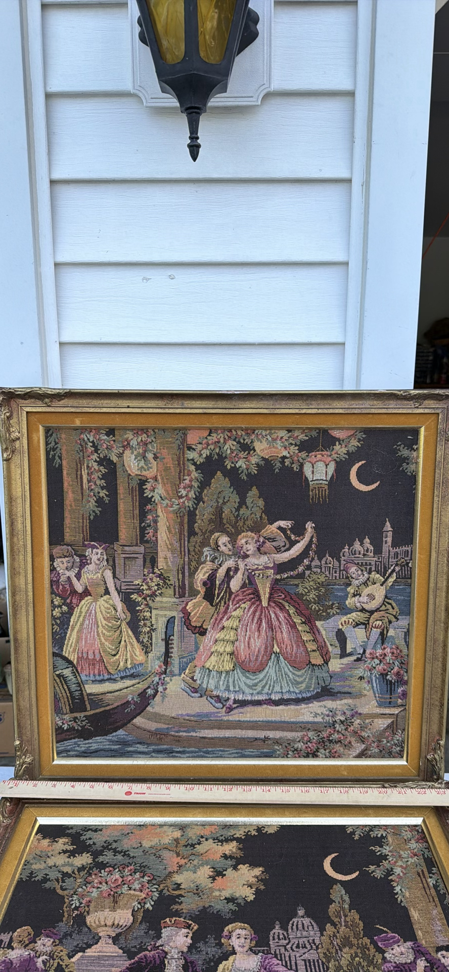 Pair of Framed Tapestry Artworks with Classical Garden Dance Scenes - image 1 of 14
