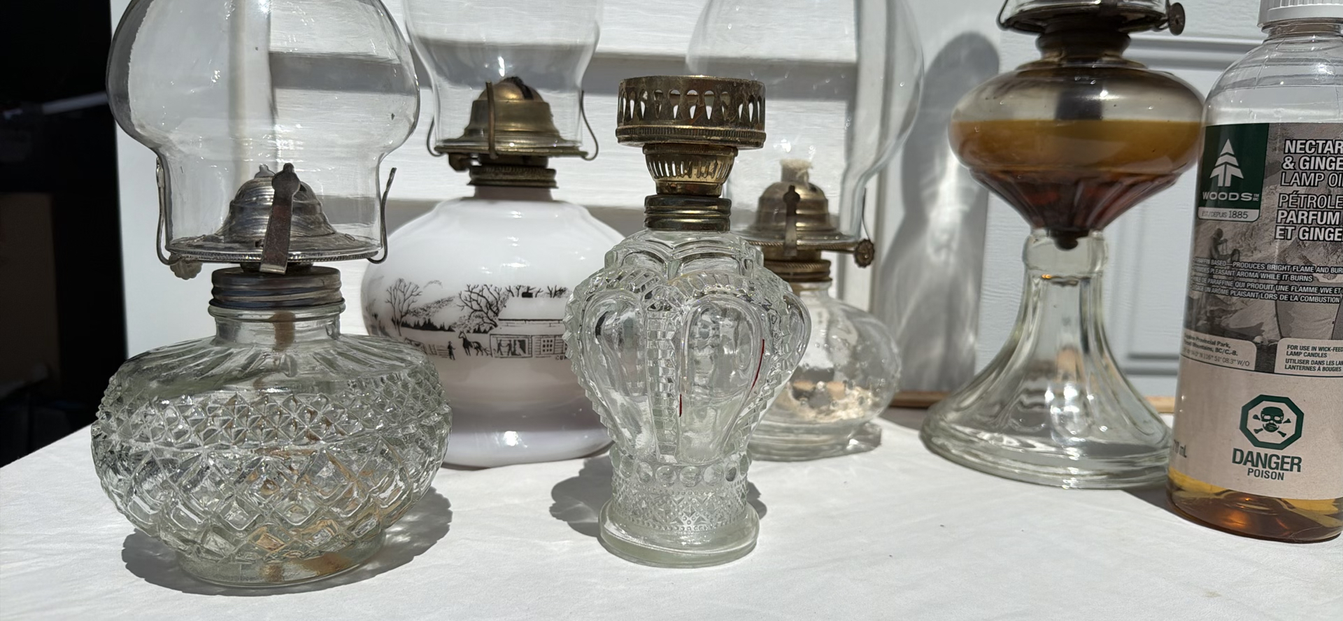 Five Vintage Glass Oil Lamps, Four Chimneys and Lamp Oil Bottle - image 1 of 21