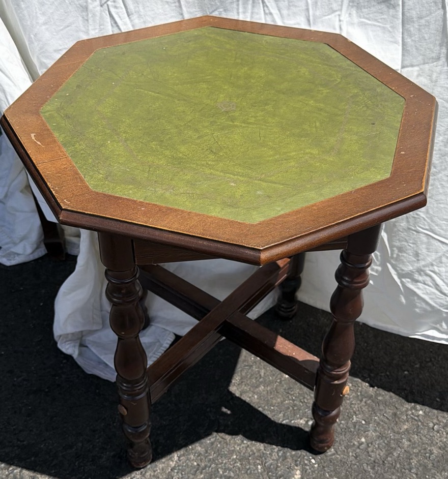 Vintage Octagonal Wooden Side Table with Green Leather Top - image 10 of 10