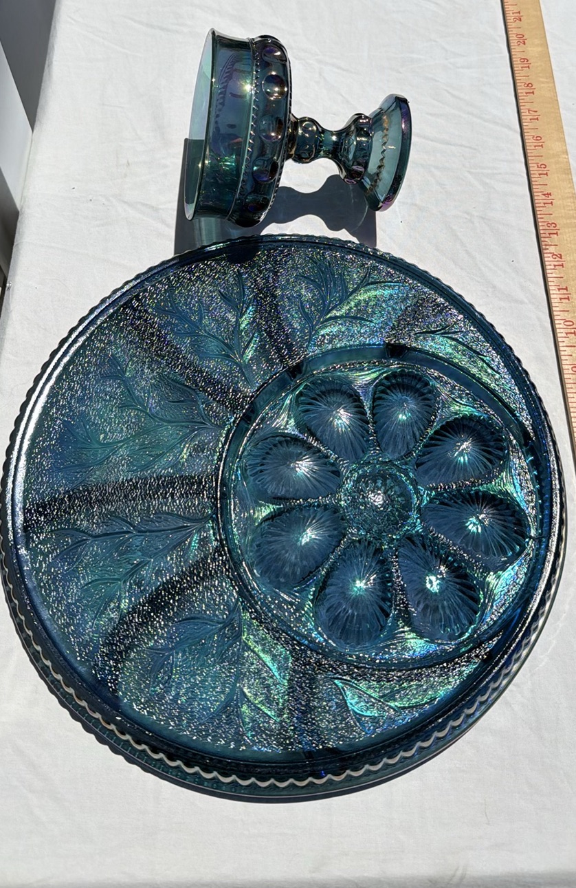 Vintage Iridescent Carnival Glass Deviled Egg Relish Plate and Pedestal Bowl Set - image 8 of 12