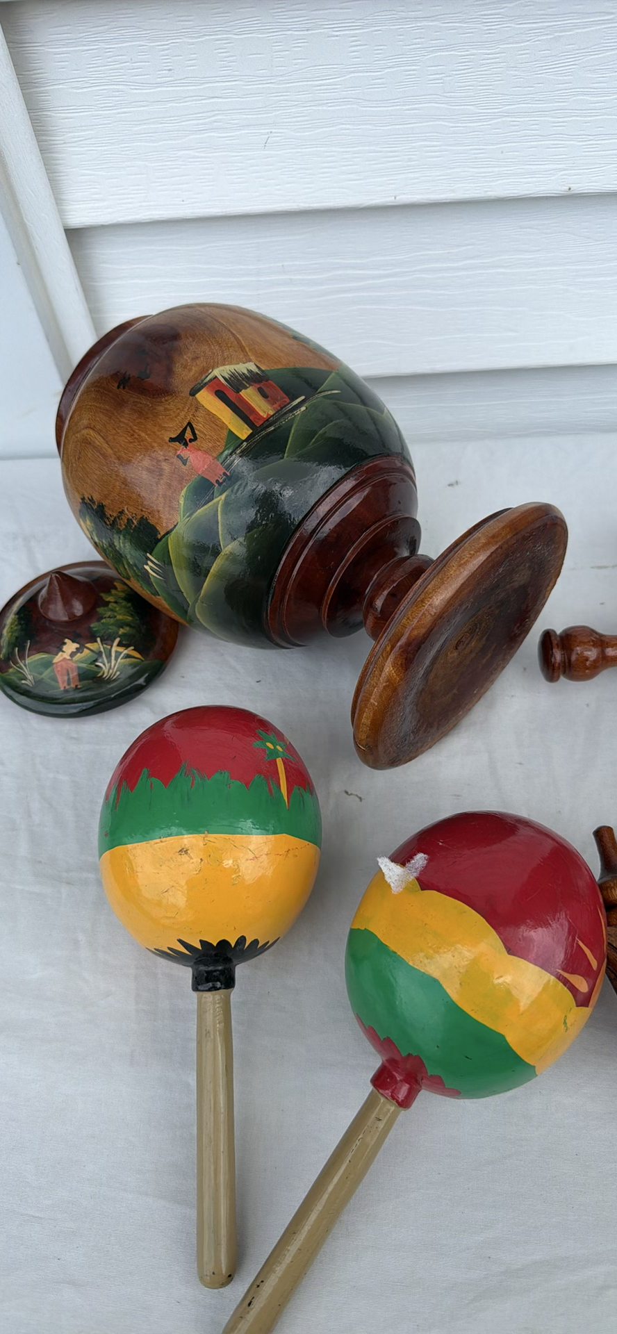 Hand-Painted Wooden Urn, Carved Anchor Wheel Decor, and Two Maracas - image 7 of 9