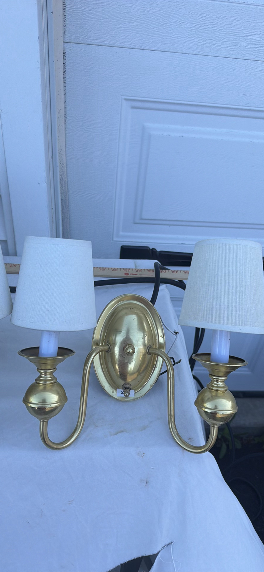 Group Of Four Brass Two-Arm Wall Sconces And Eight Sconce Shades - image 14 of 25