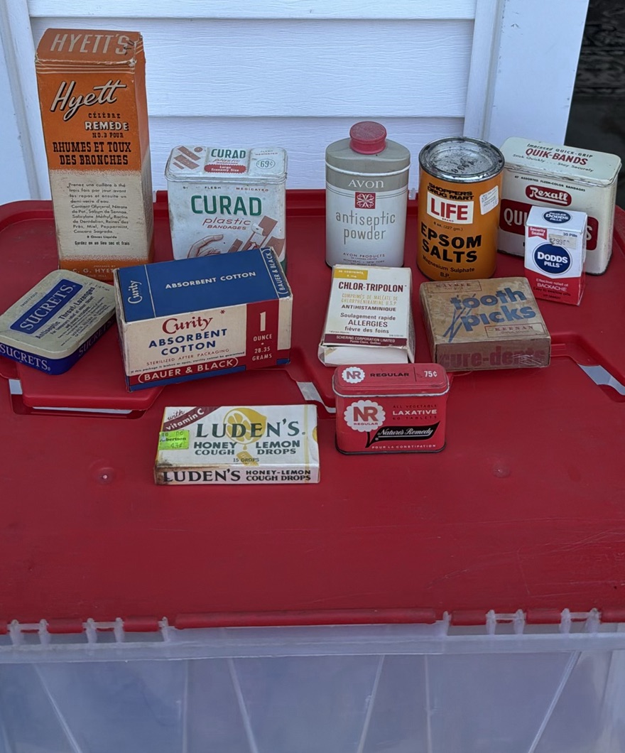 Plastic Storage Tote with Vintage Medical Tins and Rubber Ice Cap - image 1 of 17