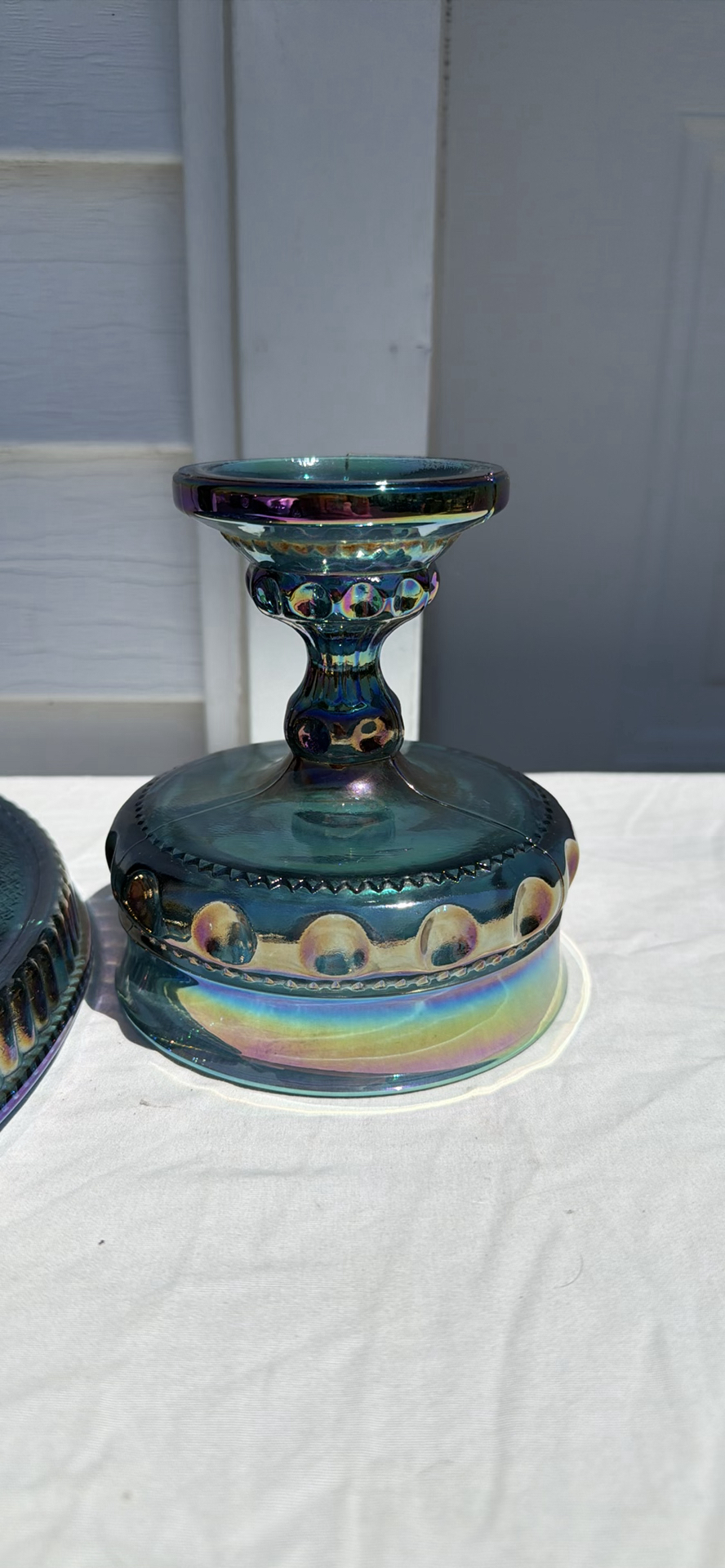 Vintage Iridescent Carnival Glass Deviled Egg Relish Plate and Pedestal Bowl Set - image 9 of 12