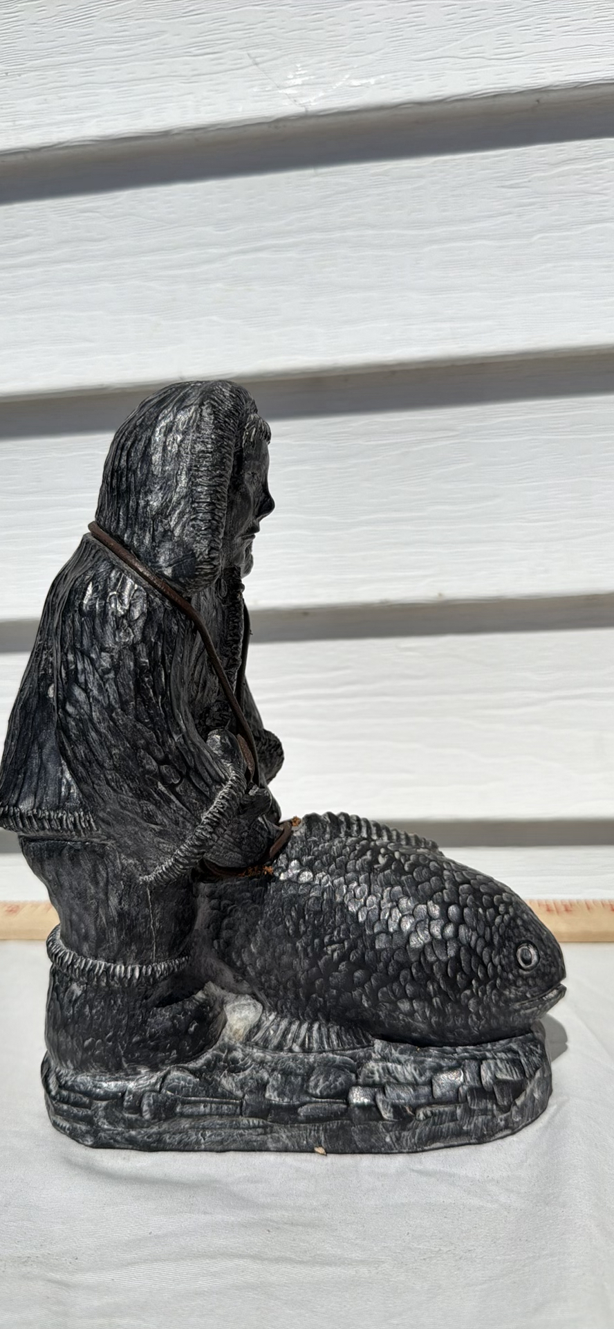 Nunavut Inuit Soapstone Carved Figure Holding a Fish Sculpture - image 2 of 7