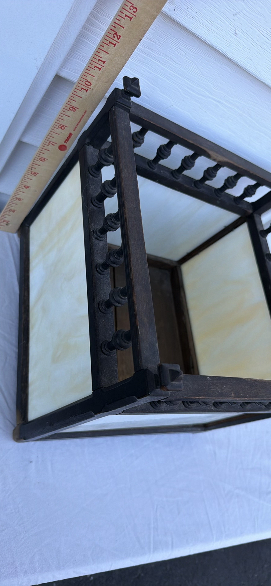 Vintage Wooden Square Stand with Opaque (Slag?) Glass Panels - image 2 of 7