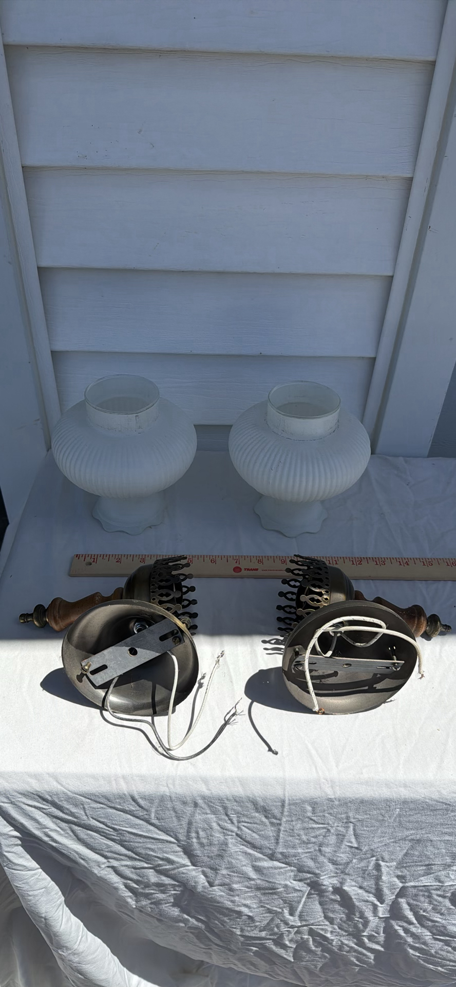 Two Vintage Frosted Glass Lamp Shades and Two Brass Wall Sconce Fixtures - image 7 of 12