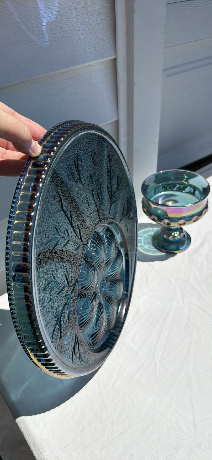 Vintage Iridescent Carnival Glass Deviled Egg Relish Plate and Pedestal Bowl Set - image 5 of 12