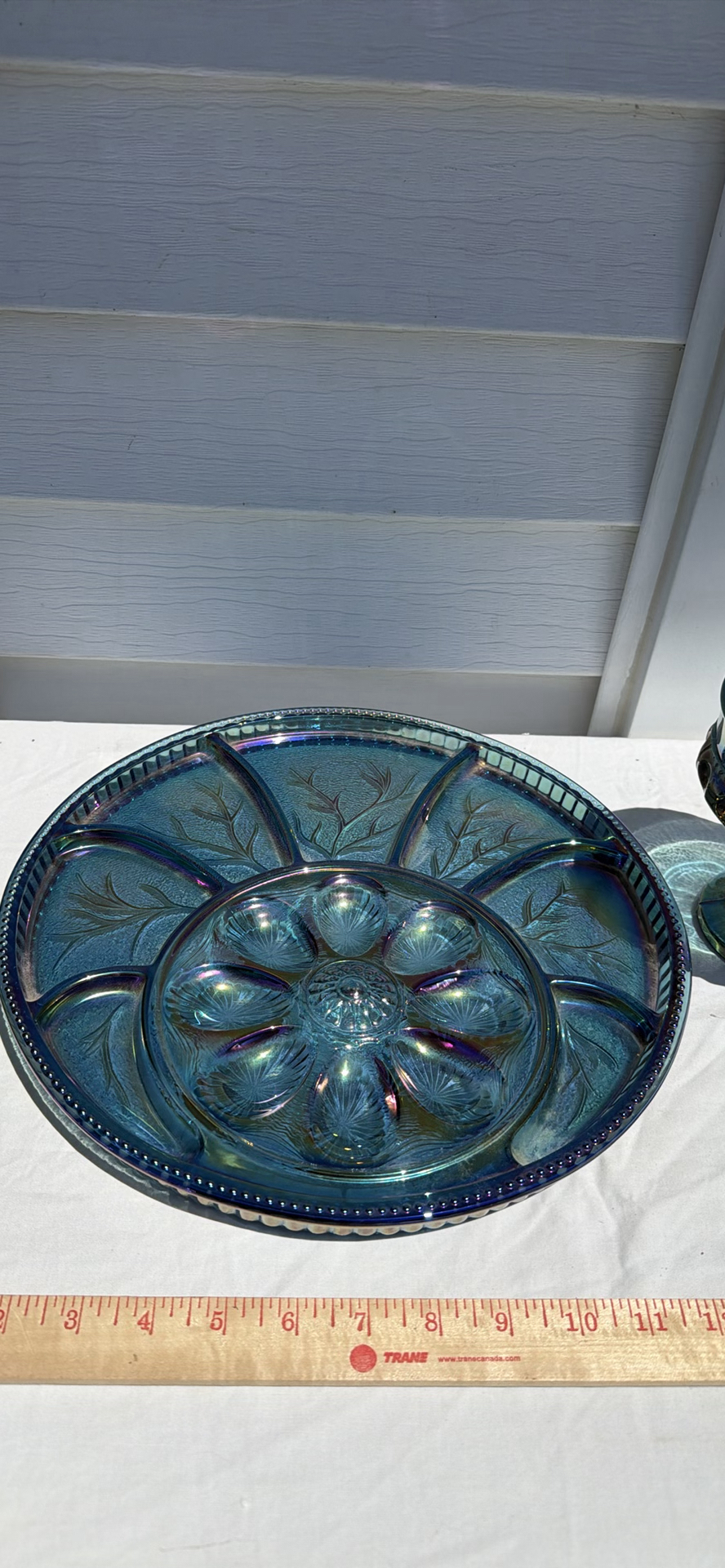 Vintage Iridescent Carnival Glass Deviled Egg Relish Plate and Pedestal Bowl Set - image 10 of 12