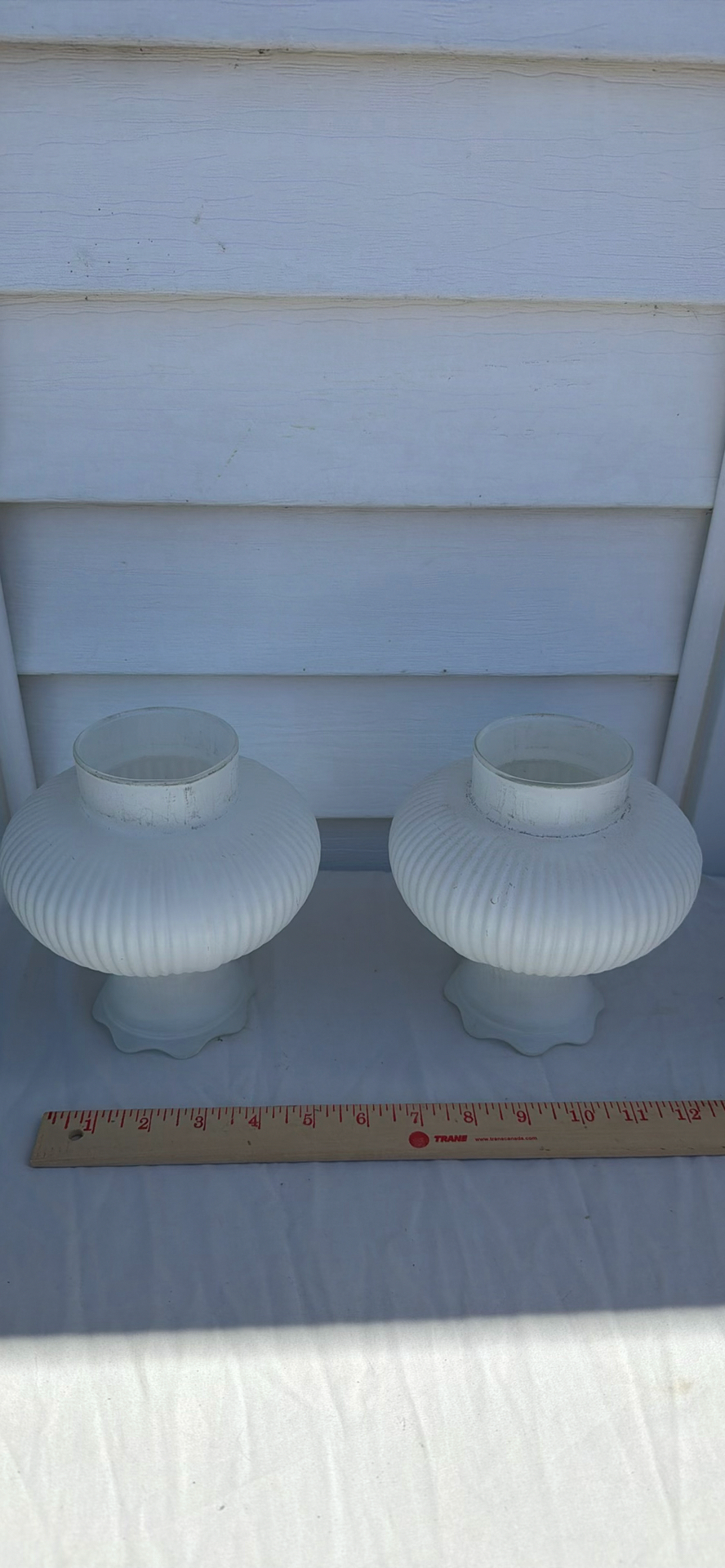 Two Vintage Frosted Glass Lamp Shades and Two Brass Wall Sconce Fixtures - image 5 of 12