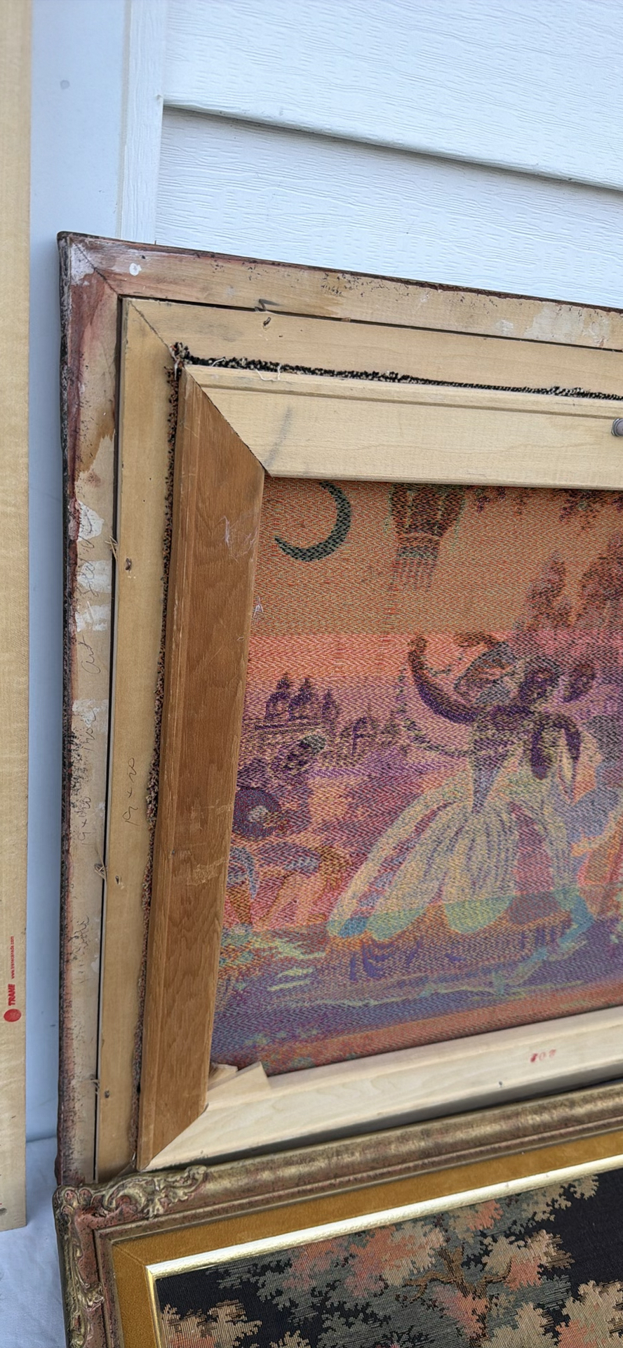 Pair of Framed Tapestry Artworks with Classical Garden Dance Scenes - image 10 of 14