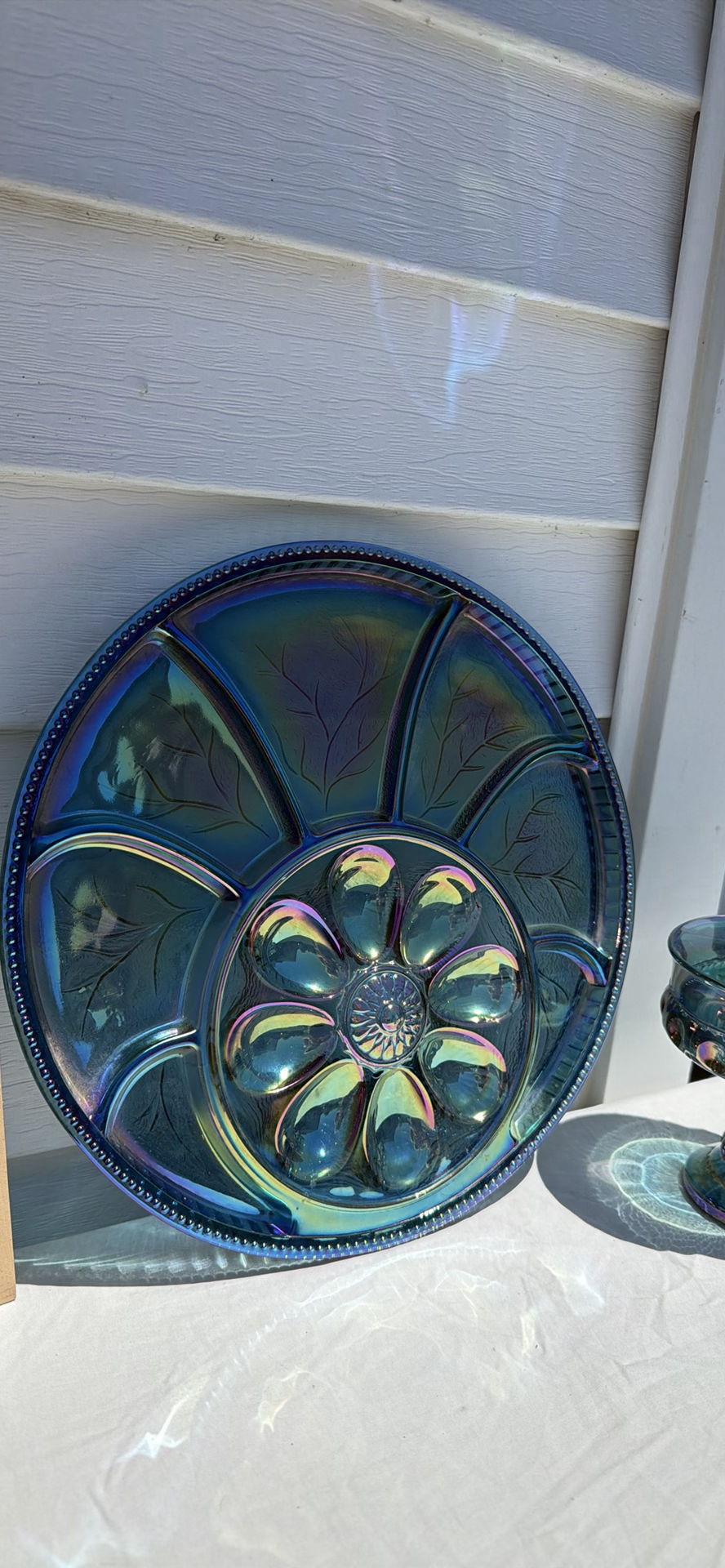 Vintage Iridescent Carnival Glass Deviled Egg Relish Plate and Pedestal Bowl Set - image 4 of 12
