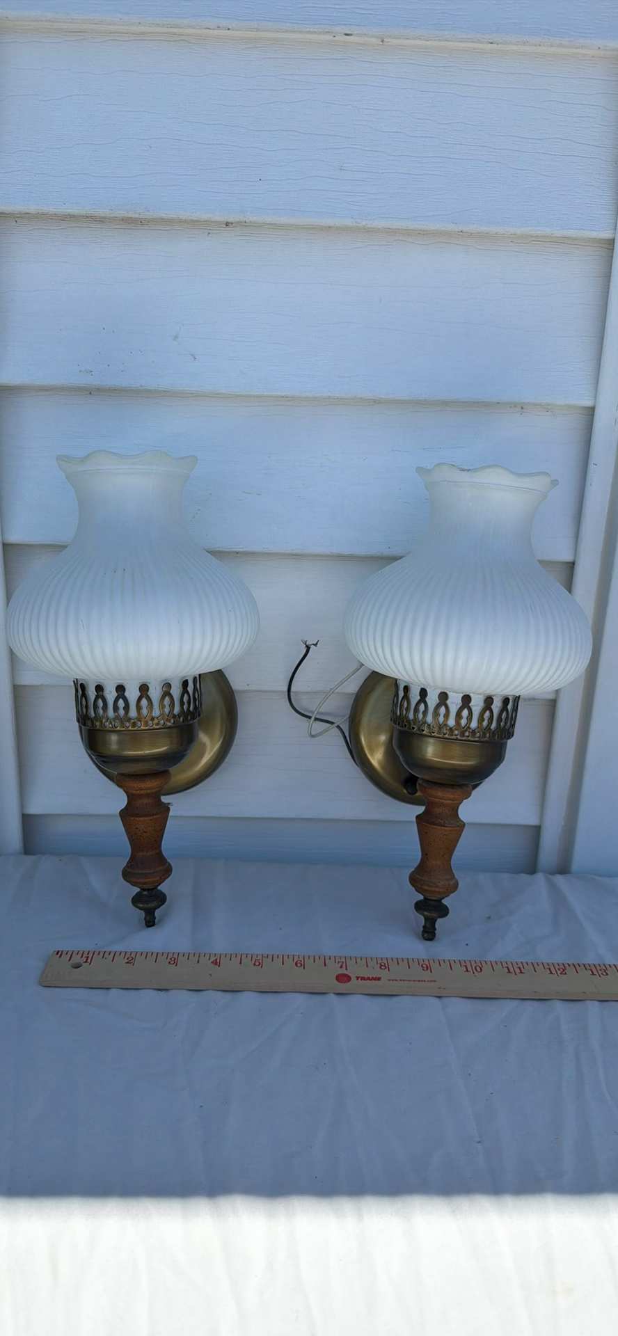 Two Vintage Frosted Glass Lamp Shades and Two Brass Wall Sconce Fixtures - image 10 of 12