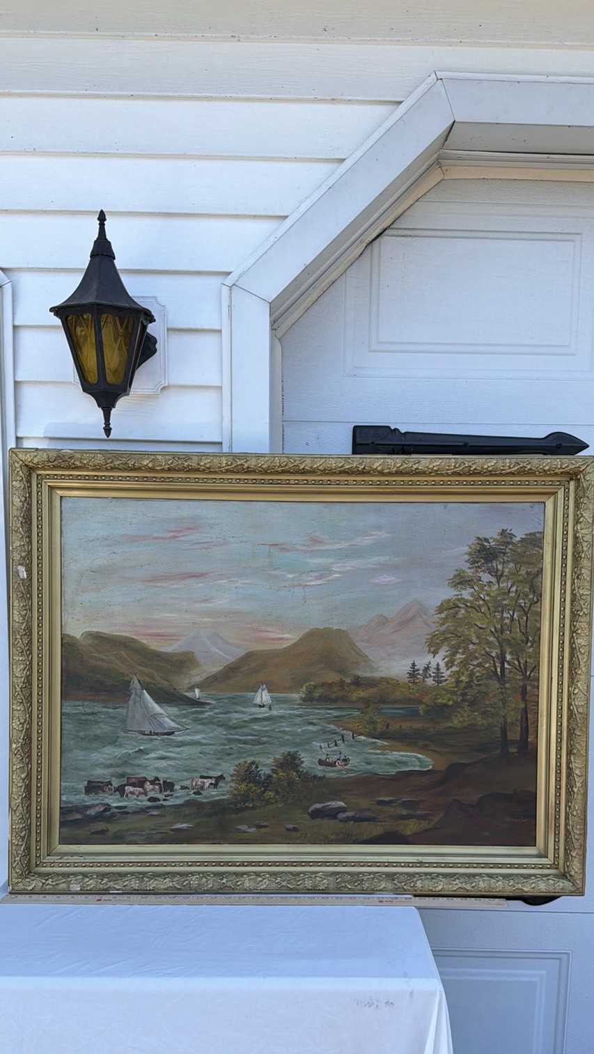 Large Antique Framed Landscape Painting with River and Sailboats - image 1 of 16