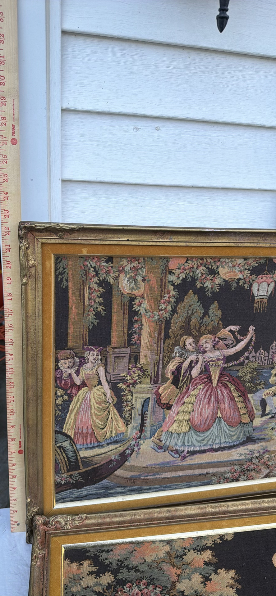 Pair of Framed Tapestry Artworks with Classical Garden Dance Scenes - image 7 of 14