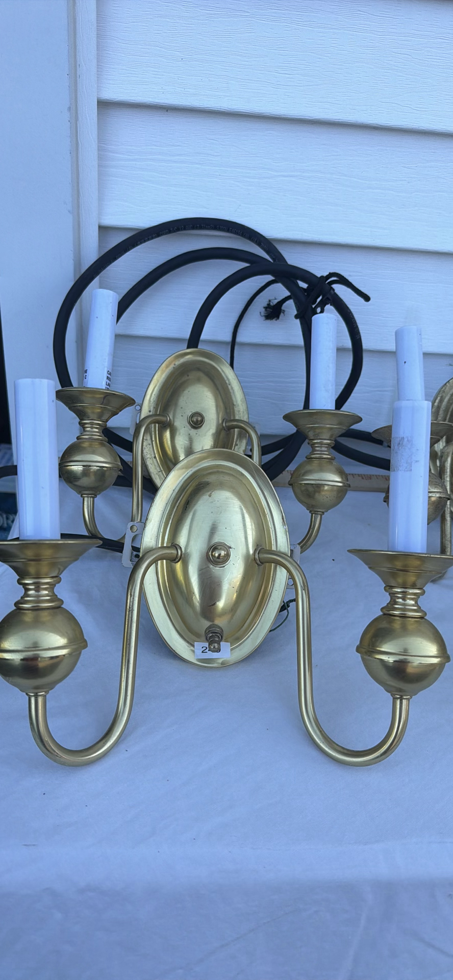 Group Of Four Brass Two-Arm Wall Sconces And Eight Sconce Shades - image 1 of 25