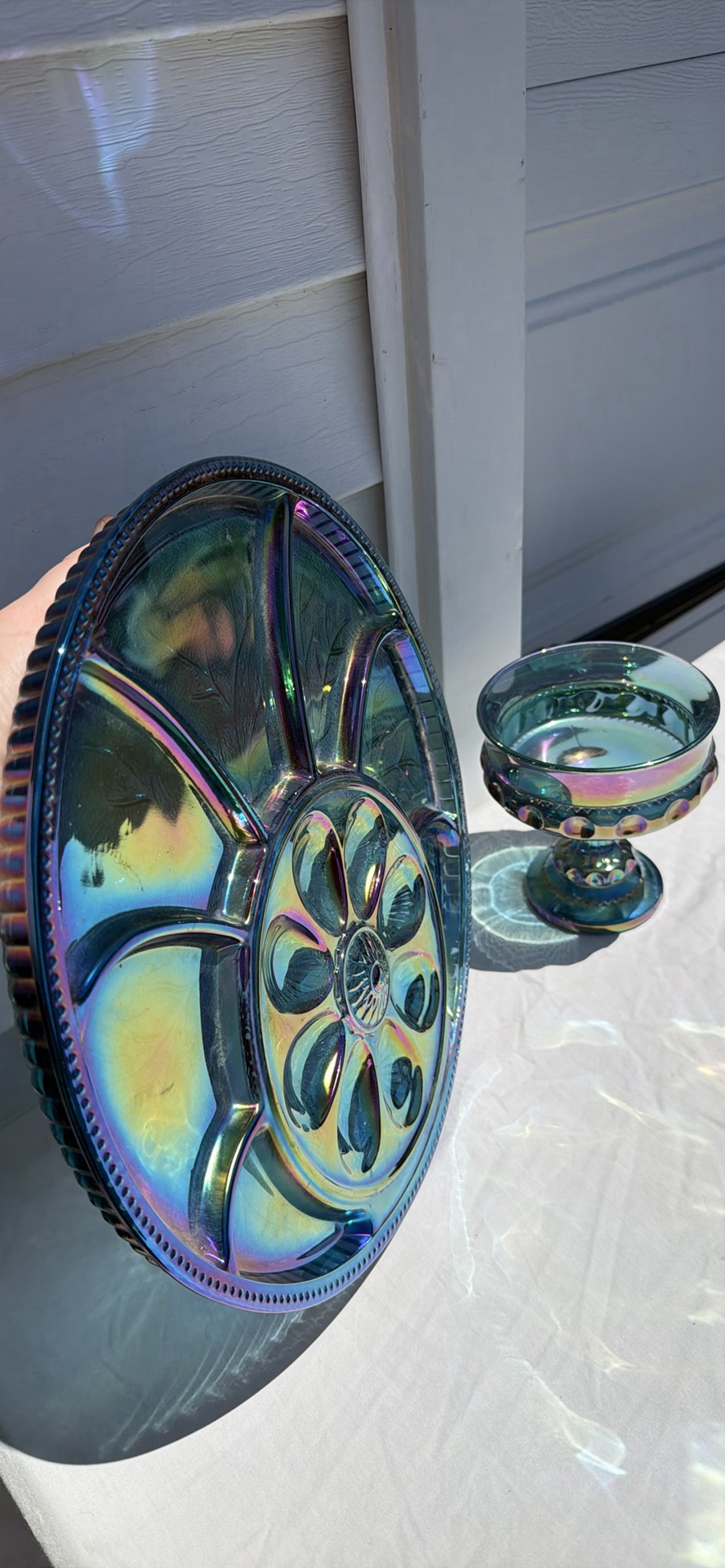 Vintage Iridescent Carnival Glass Deviled Egg Relish Plate and Pedestal Bowl Set - image 1 of 12