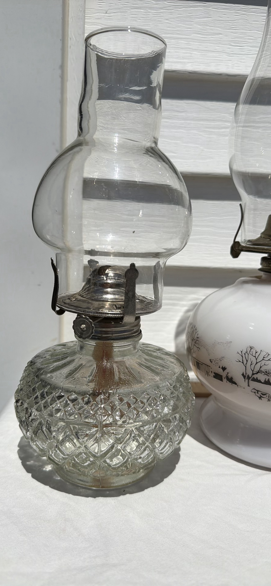 Five Vintage Glass Oil Lamps, Four Chimneys and Lamp Oil Bottle - image 3 of 21