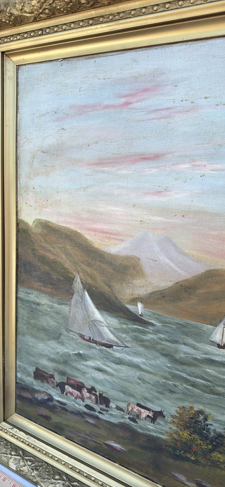 Large Antique Framed Landscape Painting with River and Sailboats - image 10 of 16