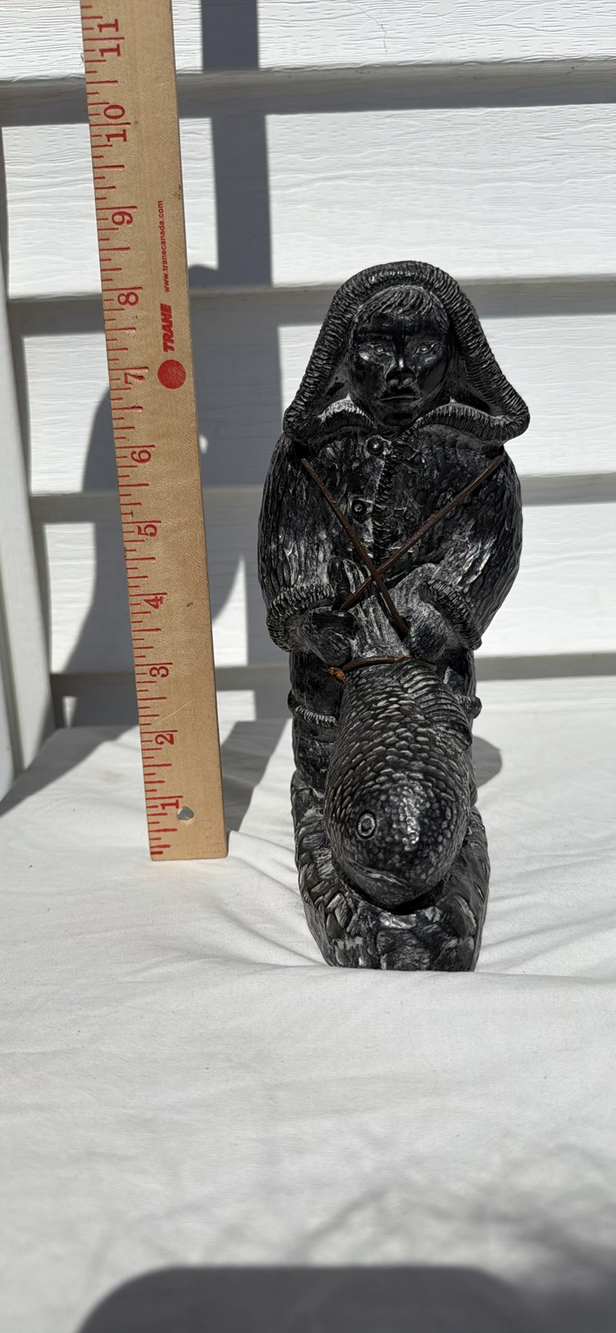 Nunavut Inuit Soapstone Carved Figure Holding a Fish Sculpture - image 6 of 7