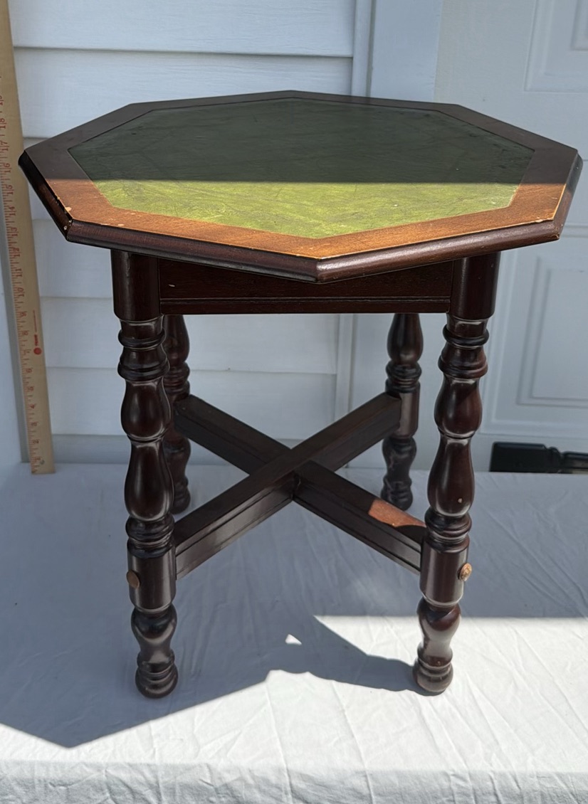 Vintage Octagonal Wooden Side Table with Green Leather Top - image 1 of 10