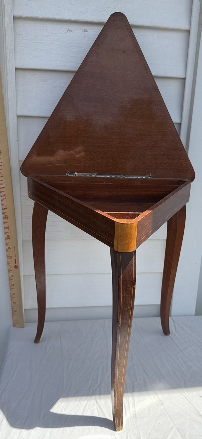 Vintage Triangular Inlaid Wooden Side Table with Hinged Top - image 5 of 8