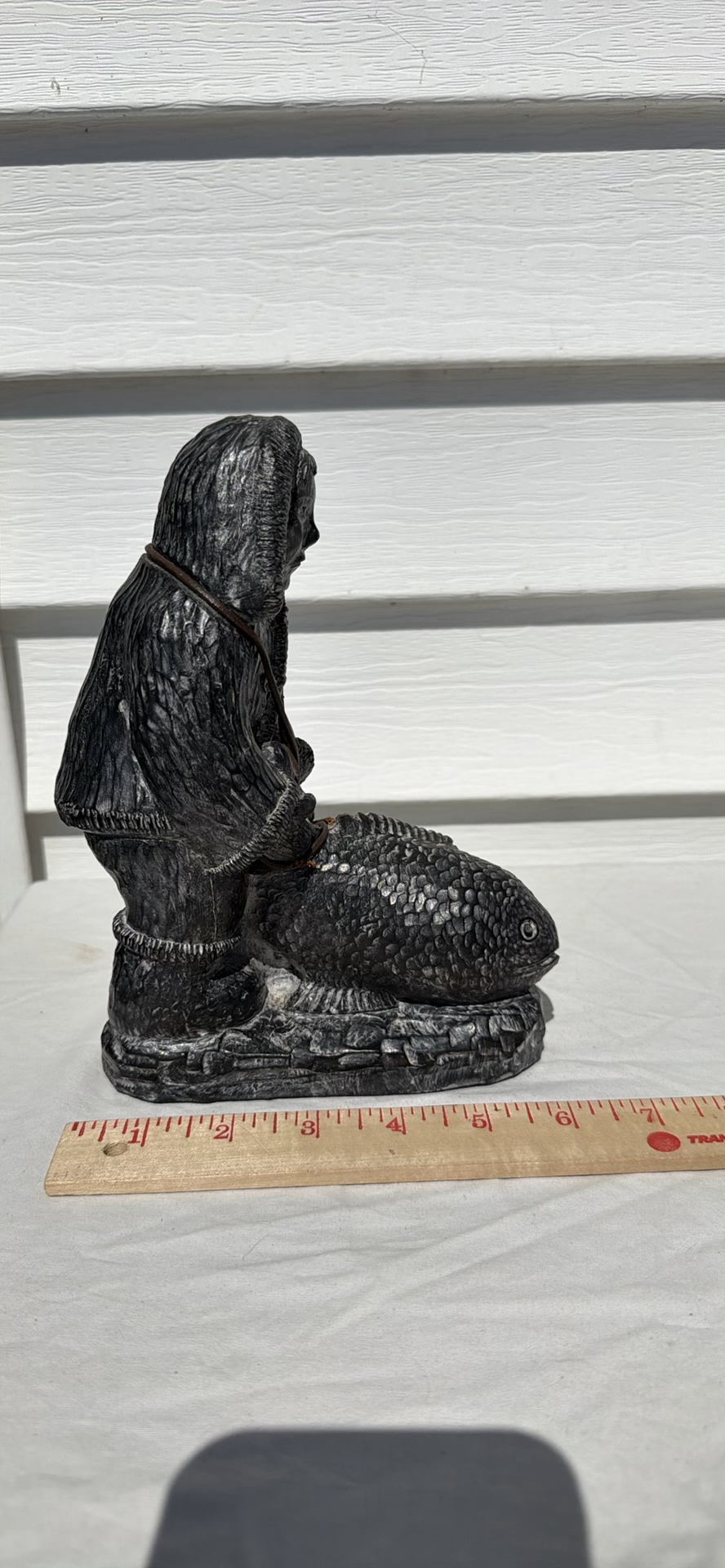 Nunavut Inuit Soapstone Carved Figure Holding a Fish Sculpture - image 7 of 7